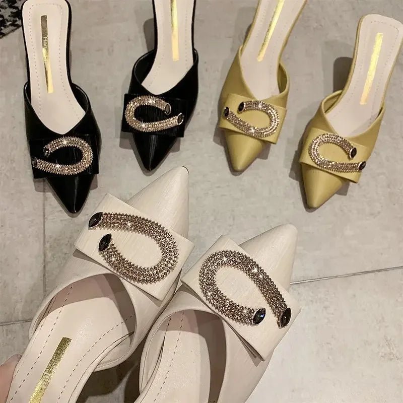 2024 New Women Slippers Mules Pointed Toe Rubber Metal Chains Outsole Slides Footwear Fashion Casual Lady High Heels Zapatillas - La Tienda Bella