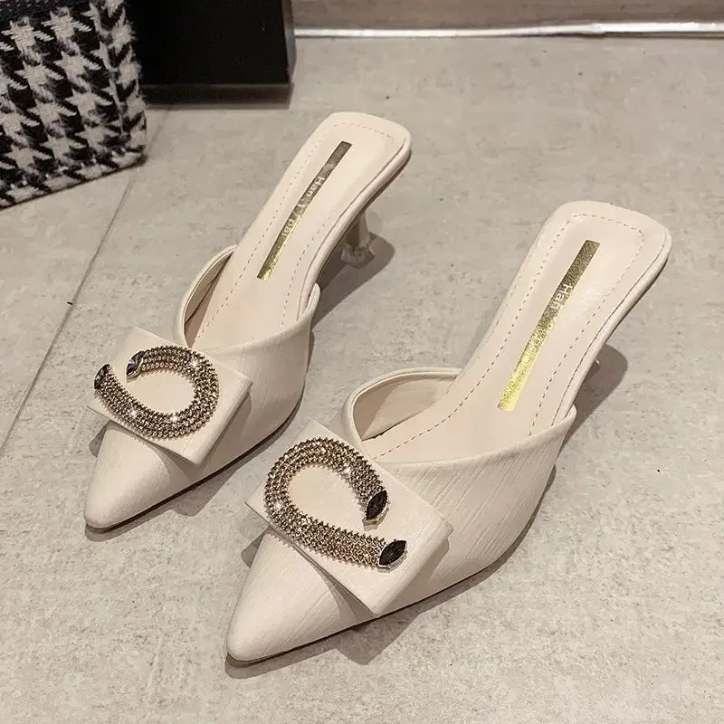 2024 New Women Slippers Mules Pointed Toe Rubber Metal Chains Outsole Slides Footwear Fashion Casual Lady High Heels Zapatillas - La Tienda Bella