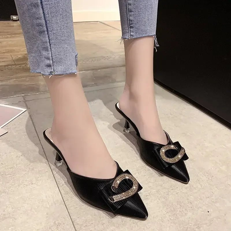 2024 New Women Slippers Mules Pointed Toe Rubber Metal Chains Outsole Slides Footwear Fashion Casual Lady High Heels Zapatillas - La Tienda Bella