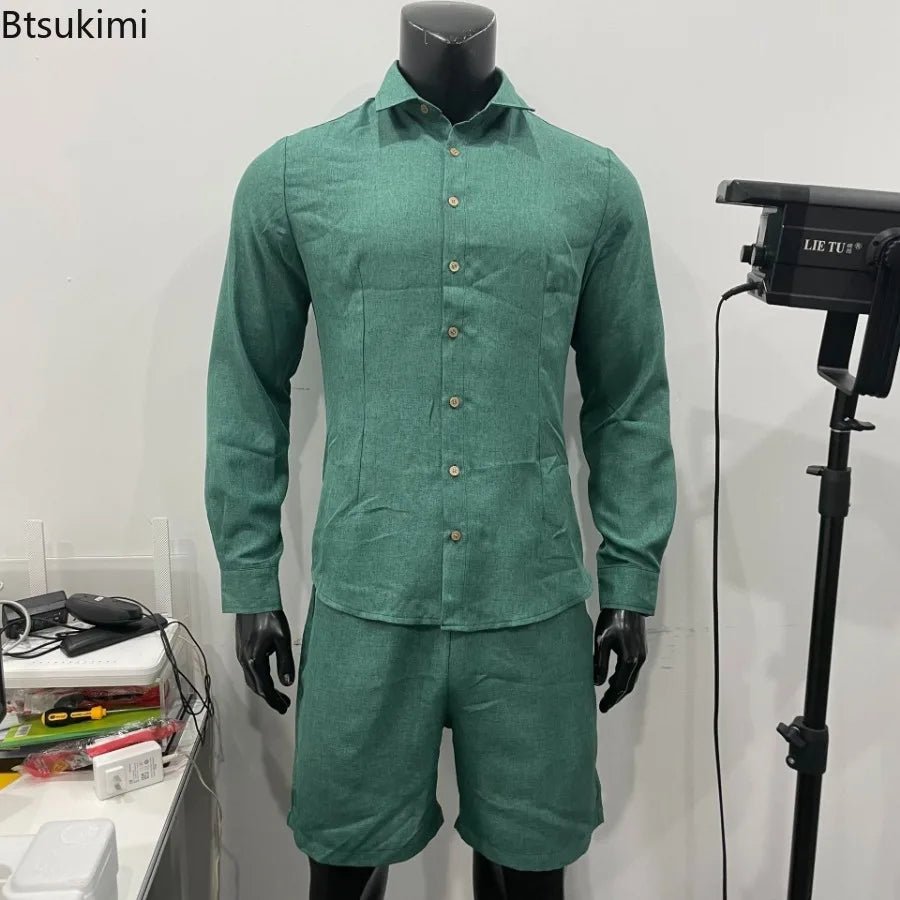 2025 Fashion Streetwear Men's Summer Comfy Cotton Linen Casual Suit Long - sleeved Shirt and Shorts Two - pieces Men Vacation Outfit - La Tienda Bella