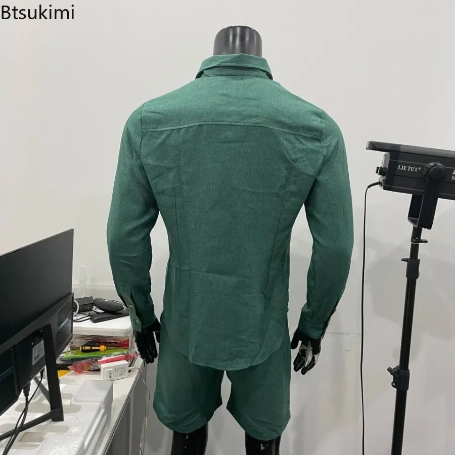 2025 Fashion Streetwear Men's Summer Comfy Cotton Linen Casual Suit Long - sleeved Shirt and Shorts Two - pieces Men Vacation Outfit - La Tienda Bella