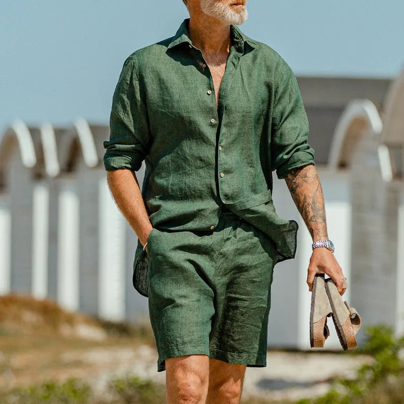 2025 Fashion Streetwear Men's Summer Comfy Cotton Linen Casual Suit Long - sleeved Shirt and Shorts Two - pieces Men Vacation Outfit - La Tienda Bella
