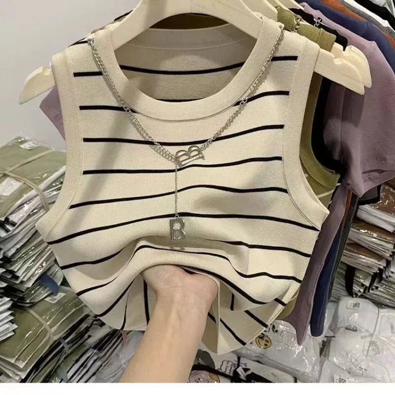 2025 New Striped Stretch Vest Basic Versatile Short Top Women's Clothing - La Tienda Bella
