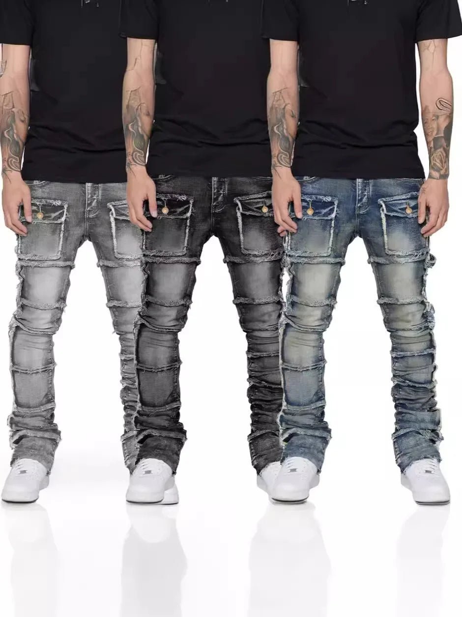2025 New Trendy Men Jeans, European and American Fashionable Workwear with Patch, Elastic, Laminated and Slightly Flared Men Den - La Tienda Bella