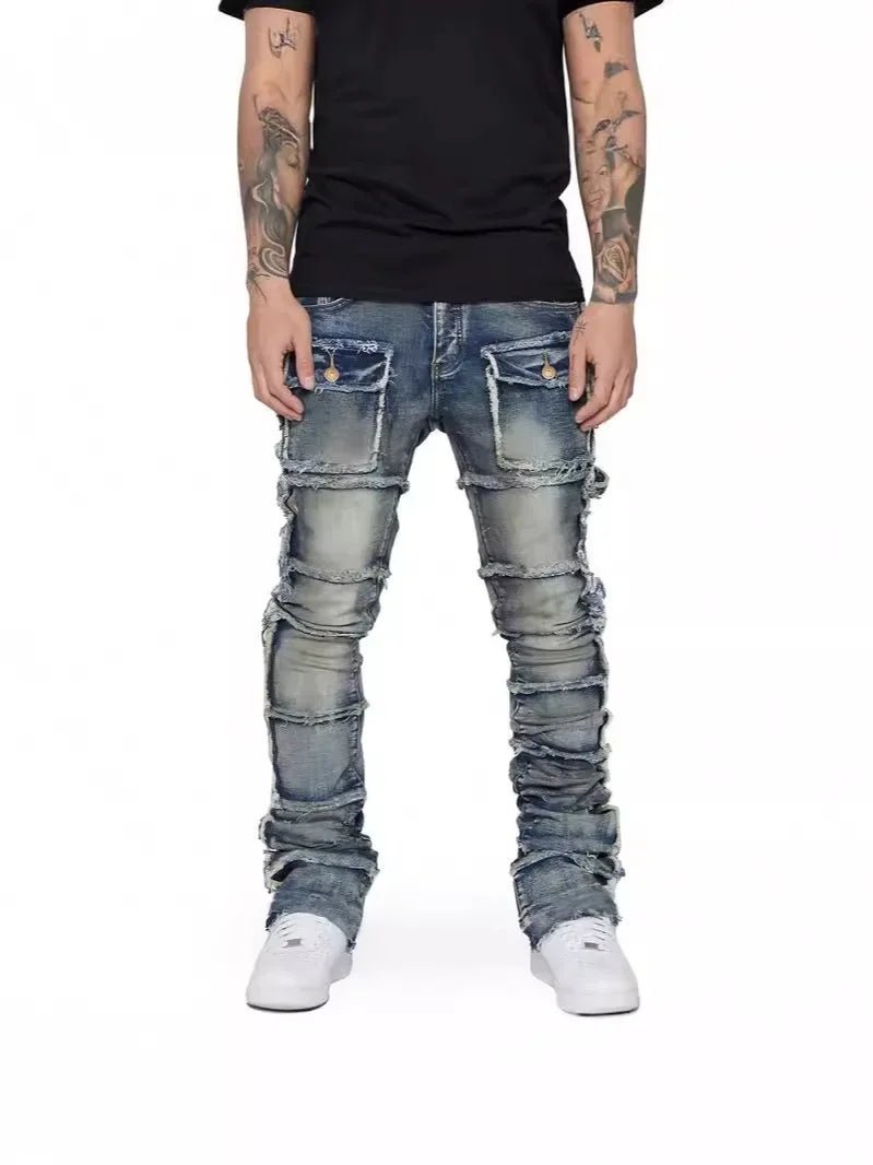 2025 New Trendy Men Jeans, European and American Fashionable Workwear with Patch, Elastic, Laminated and Slightly Flared Men Den - La Tienda Bella