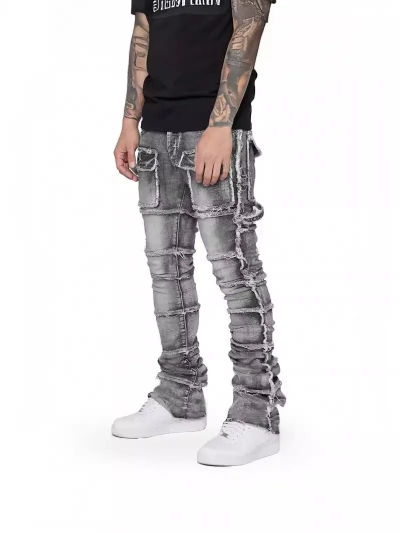 2025 New Trendy Men Jeans, European and American Fashionable Workwear with Patch, Elastic, Laminated and Slightly Flared Men Den - La Tienda Bella