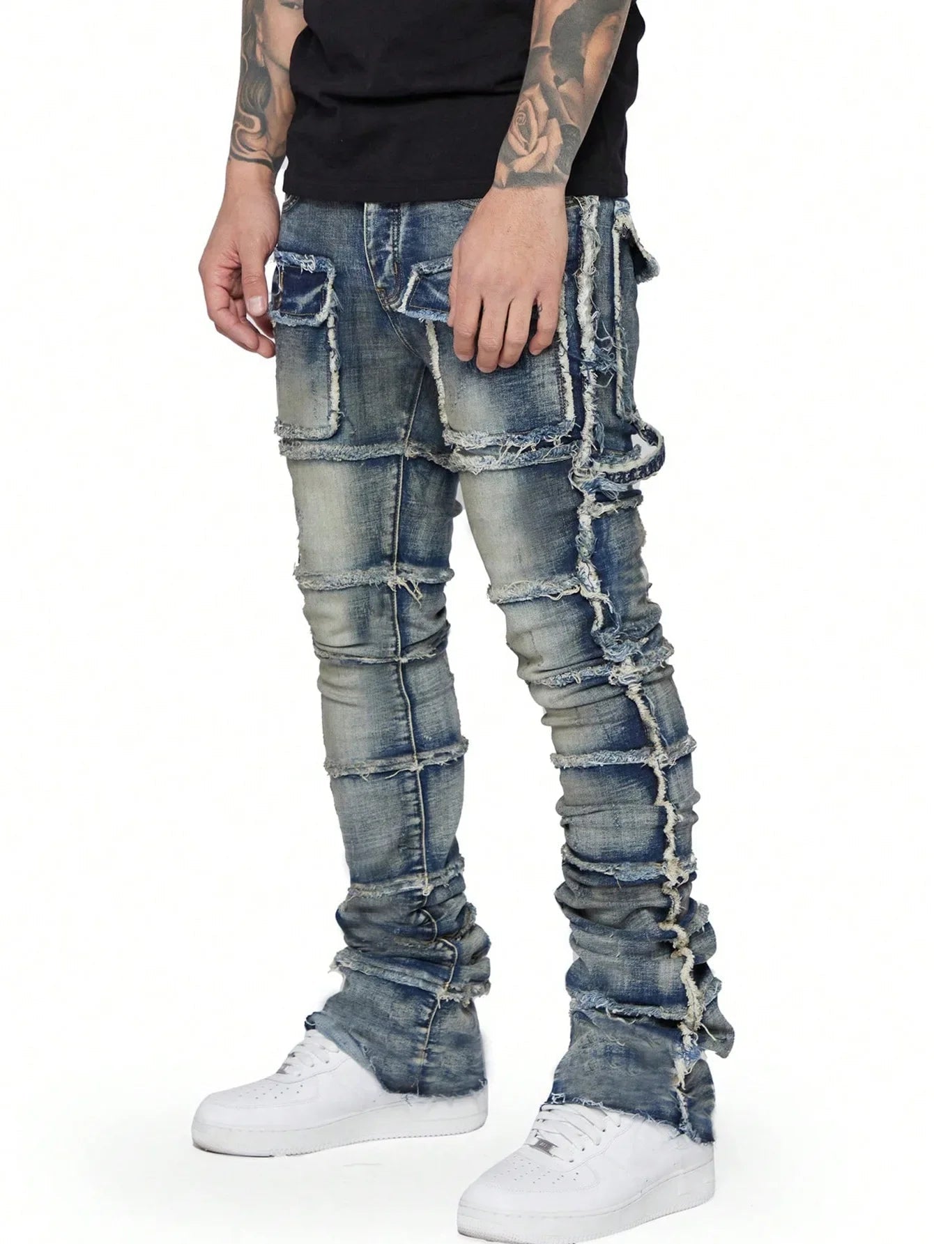 2025 New Trendy Men Jeans, European and American Fashionable Workwear with Patch, Elastic, Laminated and Slightly Flared Men Den - La Tienda Bella