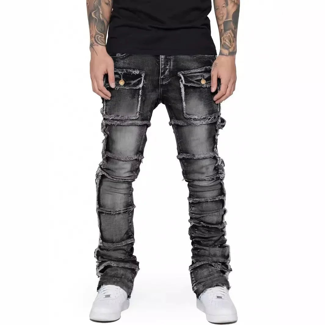 2025 New Trendy Men Jeans, European and American Fashionable Workwear with Patch, Elastic, Laminated and Slightly Flared Men Den - La Tienda Bella