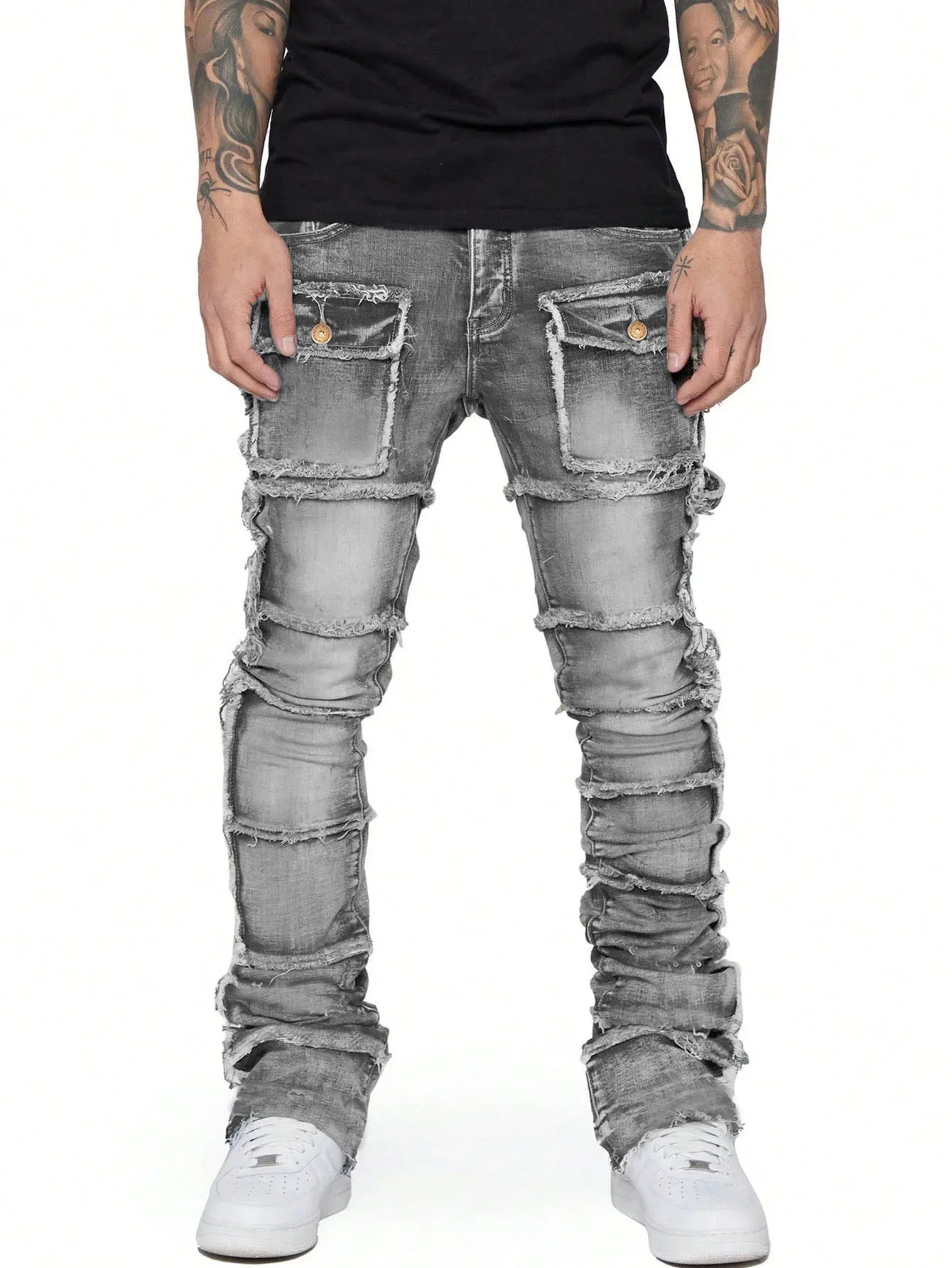 2025 New Trendy Men Jeans, European and American Fashionable Workwear with Patch, Elastic, Laminated and Slightly Flared Men Den - La Tienda Bella