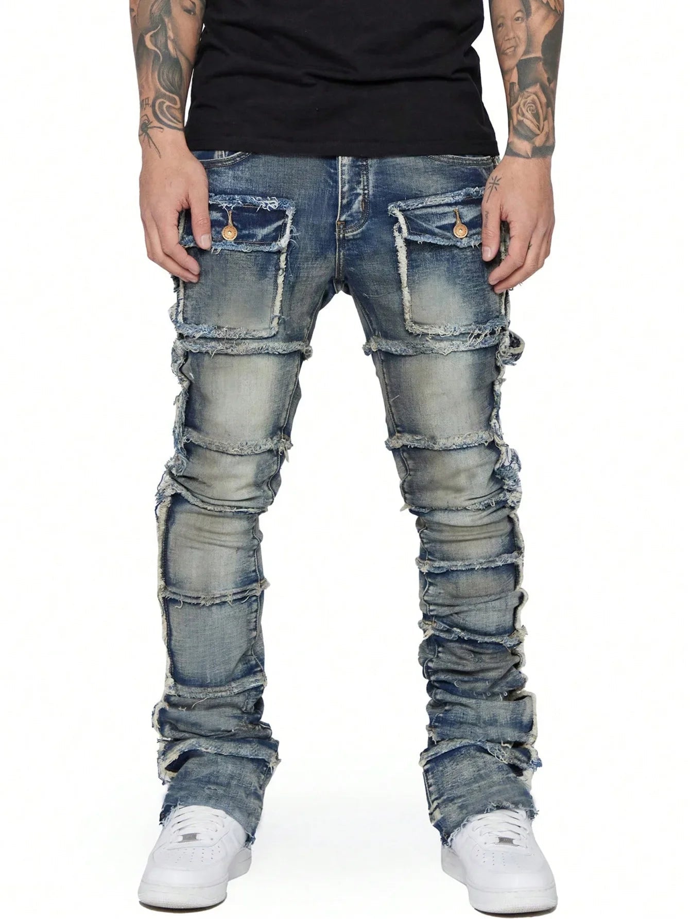2025 New Trendy Men Jeans, European and American Fashionable Workwear with Patch, Elastic, Laminated and Slightly Flared Men Den - La Tienda Bella