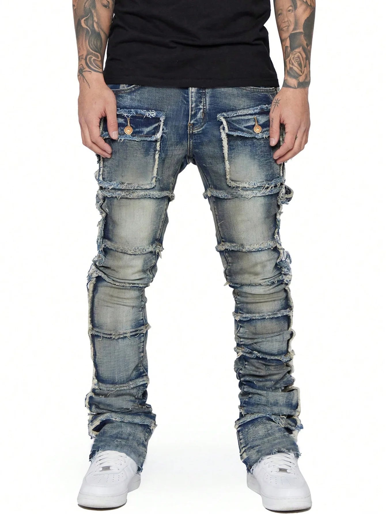 2025 Trendy Men Jeans European American Fashionable Workwear with Patch Elastic Laminated and Slightly Flared Men Denim Pants - La Tienda Bella