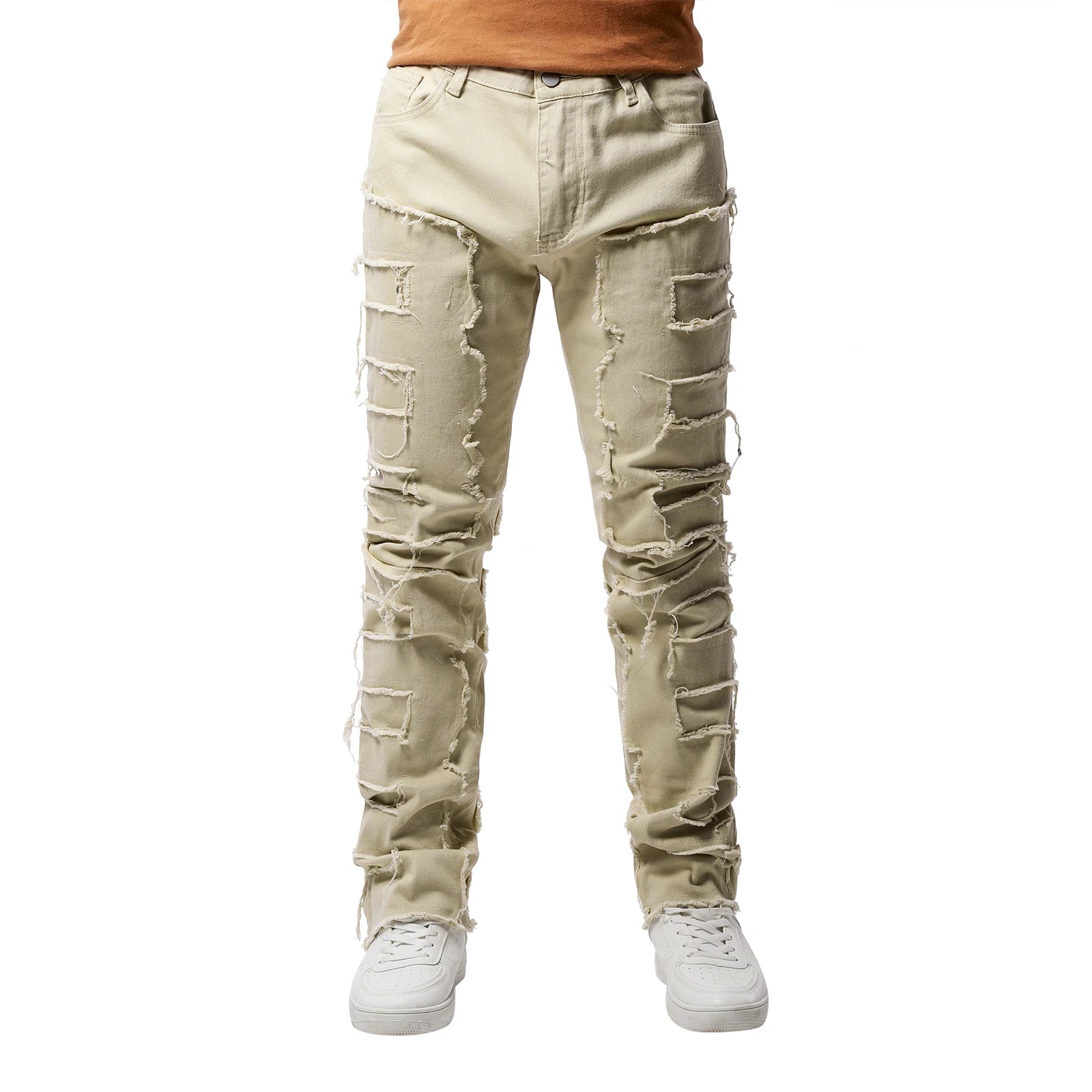 2025 Trendy Men Jeans European American Fashionable Workwear with Patch Elastic Laminated and Slightly Flared Men Denim Pants - La Tienda Bella