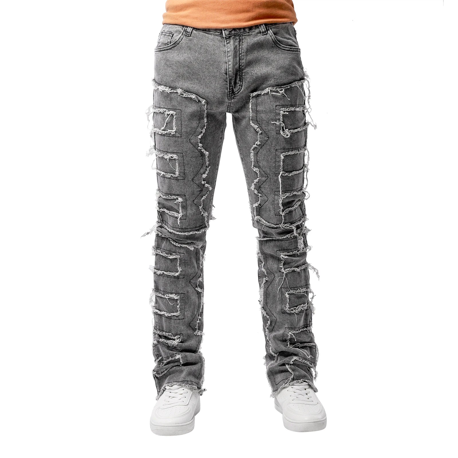 2025 Trendy Men Jeans European American Fashionable Workwear with Patch Elastic Laminated and Slightly Flared Men Denim Pants - La Tienda Bella