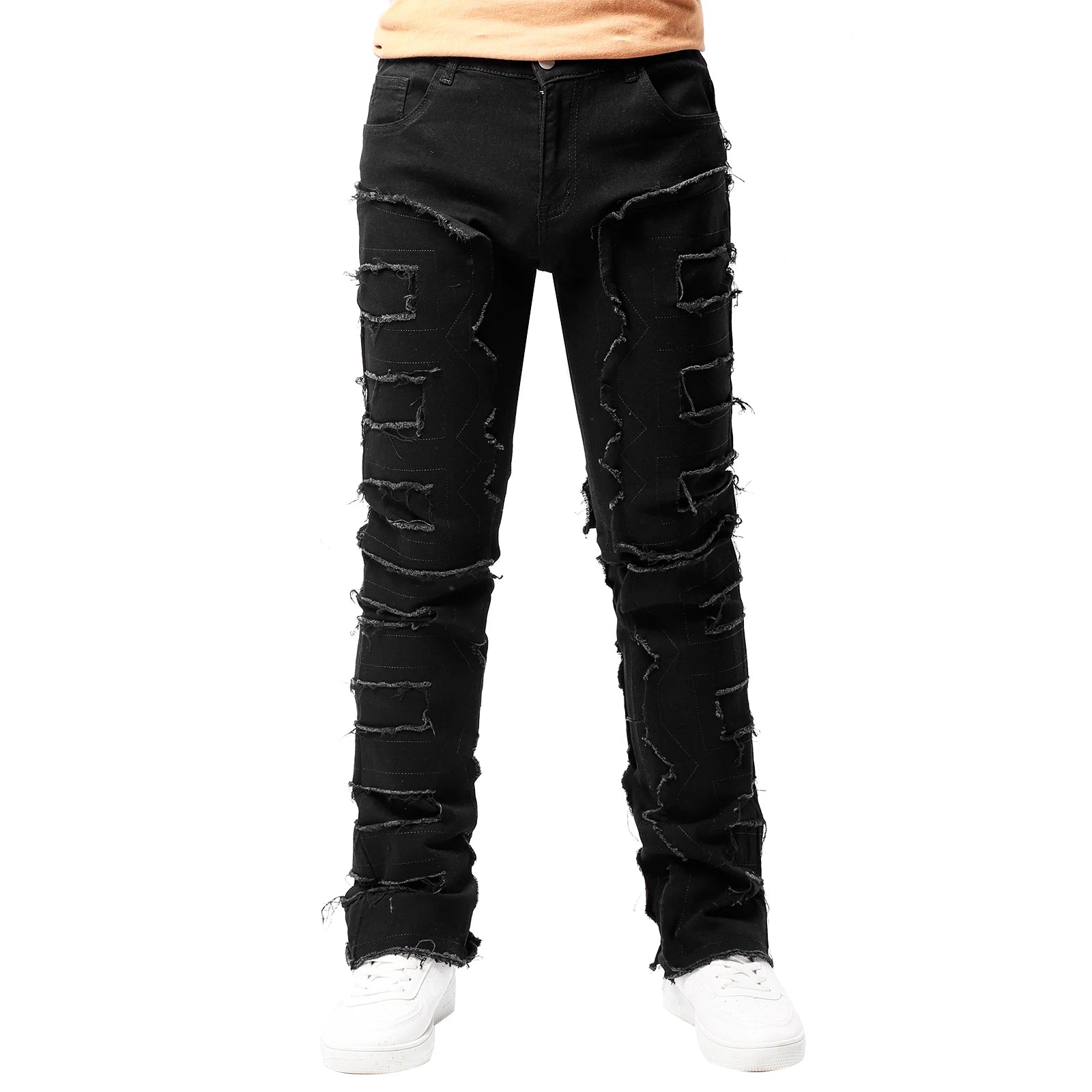 2025 Trendy Men Jeans European American Fashionable Workwear with Patch Elastic Laminated and Slightly Flared Men Denim Pants - La Tienda Bella