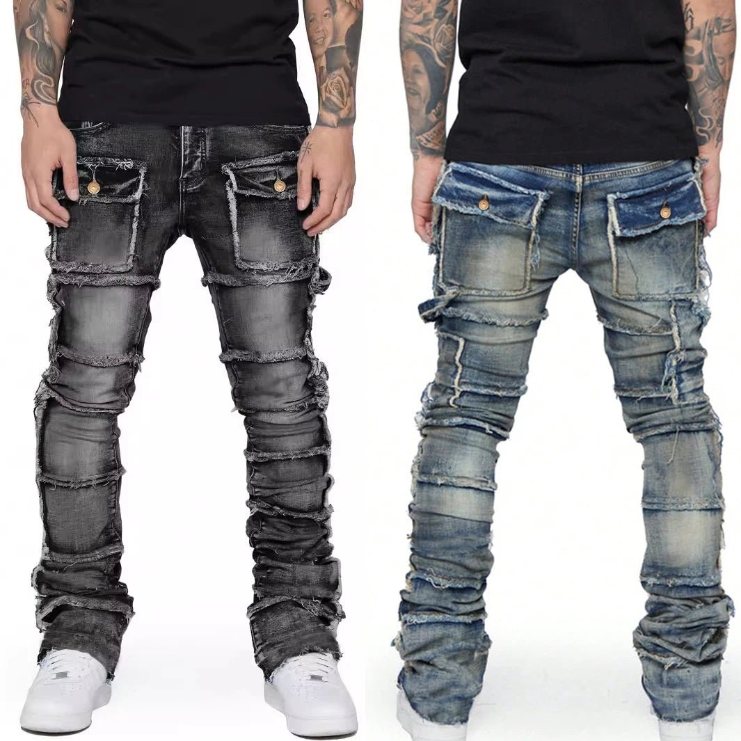 2025 Trendy Men Jeans European American Fashionable Workwear with Patch Elastic Laminated and Slightly Flared Men Denim Pants - La Tienda Bella