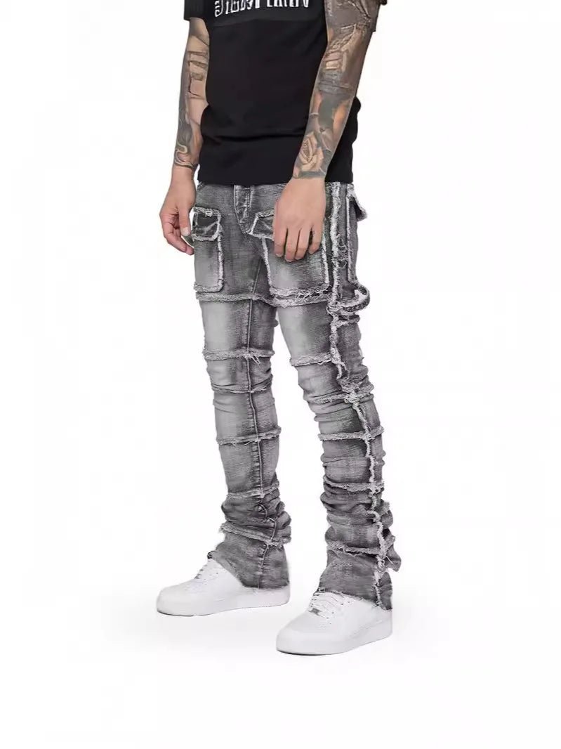 2025 Trendy Men Jeans European American Fashionable Workwear with Patch Elastic Laminated and Slightly Flared Men Denim Pants - La Tienda Bella