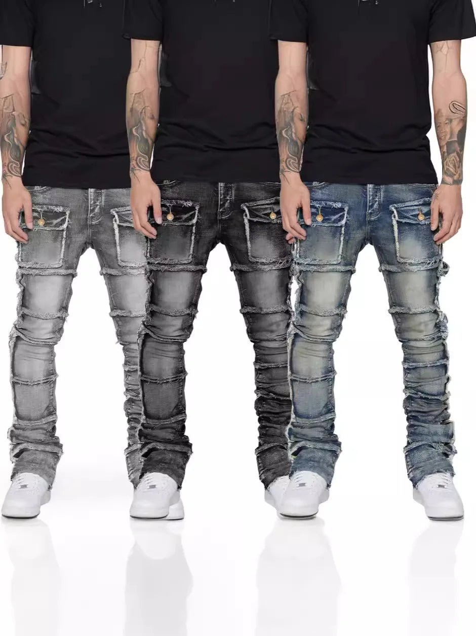 2025 Trendy Men Jeans European American Fashionable Workwear with Patch Elastic Laminated and Slightly Flared Men Denim Pants - La Tienda Bella