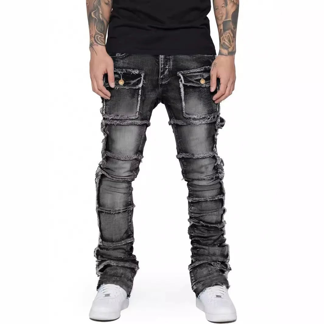 2025 Trendy Men Jeans European American Fashionable Workwear with Patch Elastic Laminated and Slightly Flared Men Denim Pants - La Tienda Bella