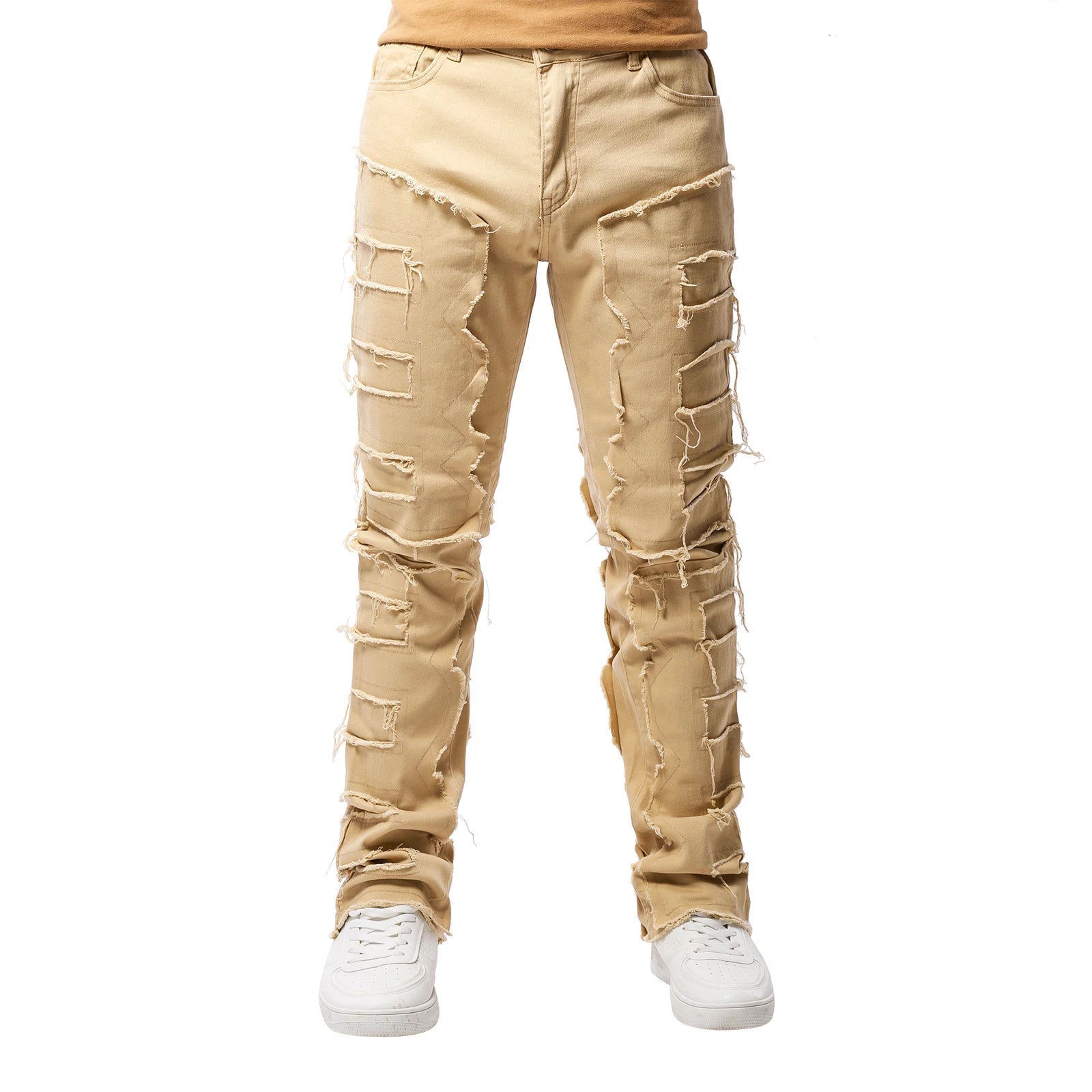 2025 Trendy Men Jeans European American Fashionable Workwear with Patch Elastic Laminated and Slightly Flared Men Denim Pants - La Tienda Bella