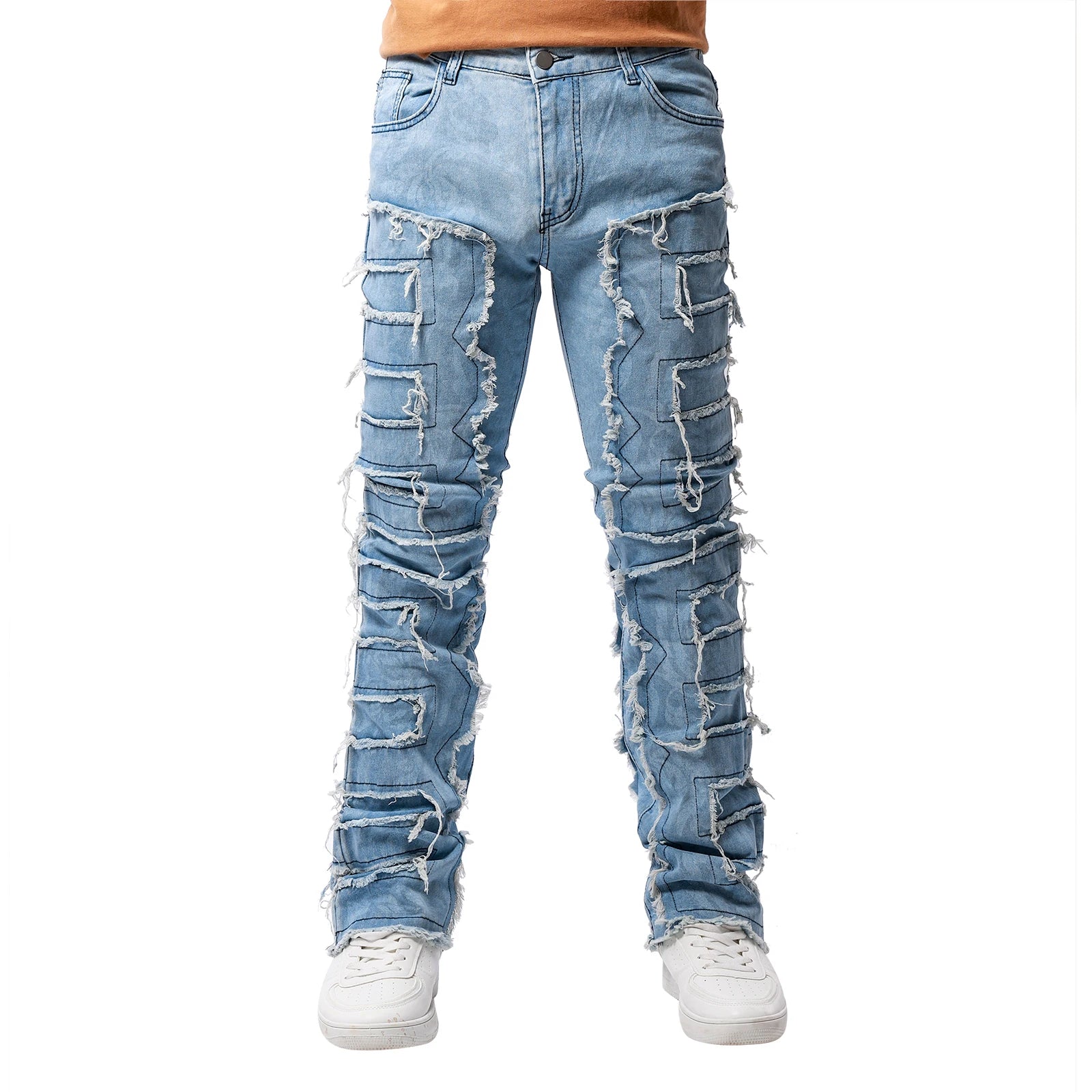 2025 Trendy Men Jeans European American Fashionable Workwear with Patch Elastic Laminated and Slightly Flared Men Denim Pants - La Tienda Bella