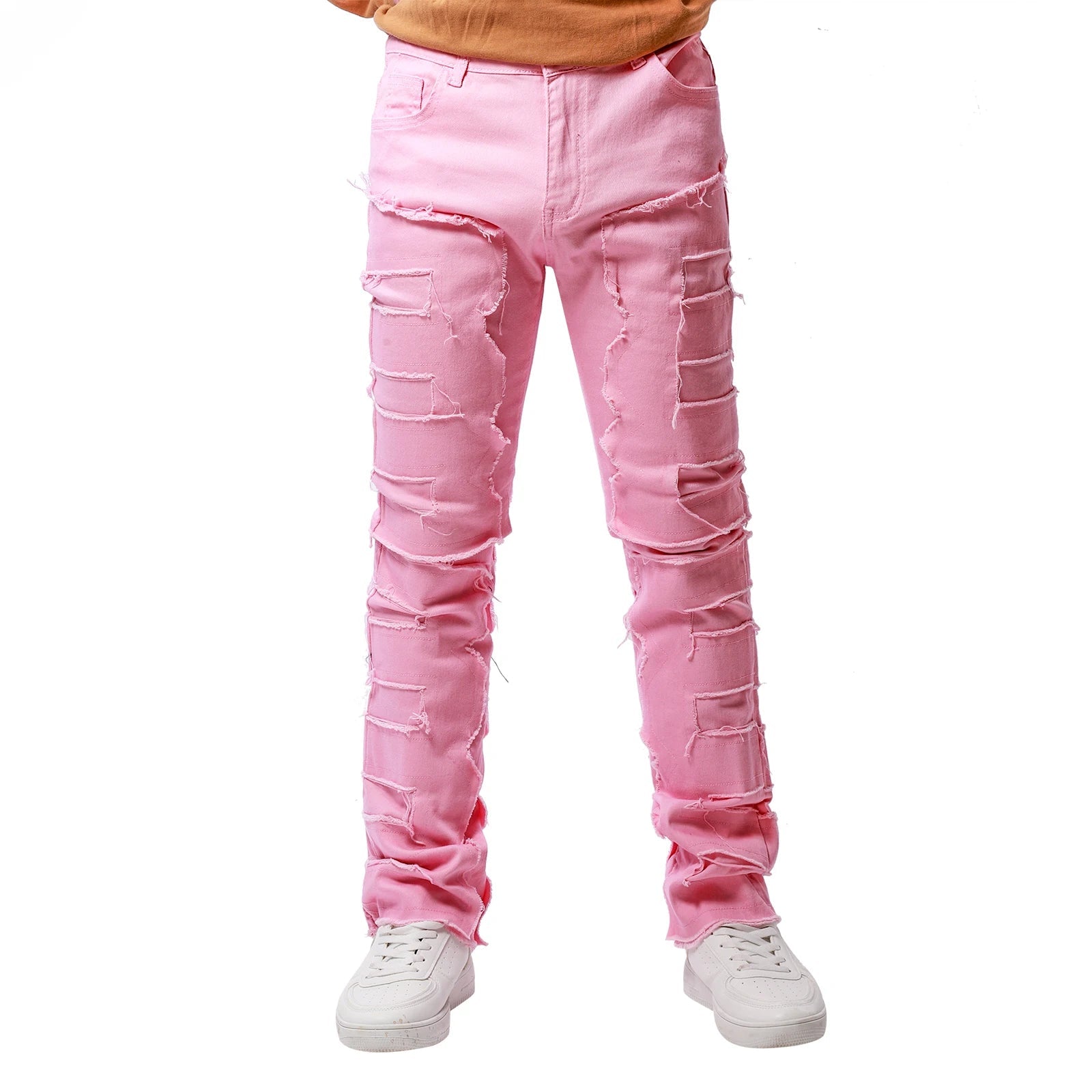 2025 Trendy Men Jeans European American Fashionable Workwear with Patch Elastic Laminated and Slightly Flared Men Denim Pants - La Tienda Bella