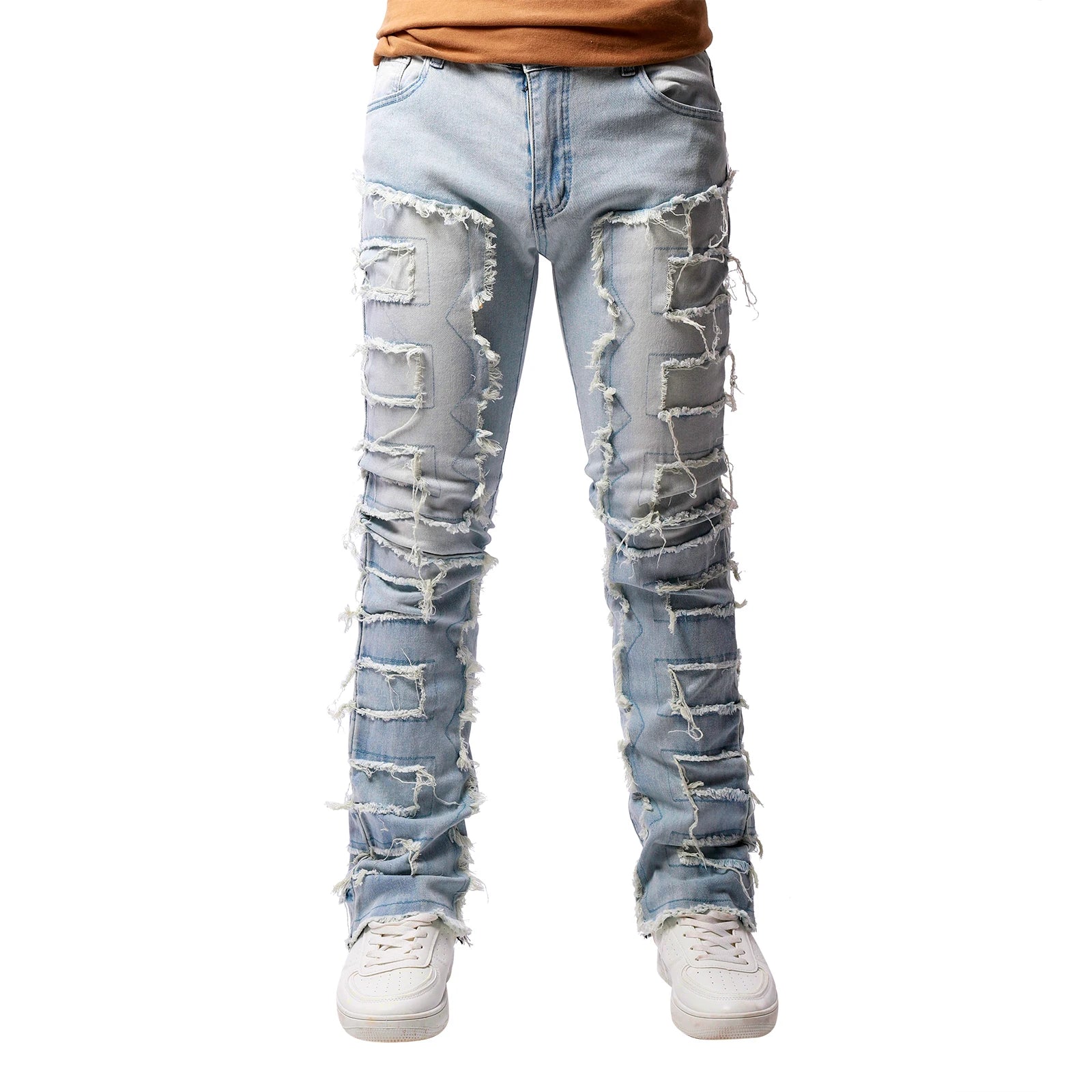 2025 Trendy Men Jeans European American Fashionable Workwear with Patch Elastic Laminated and Slightly Flared Men Denim Pants - La Tienda Bella