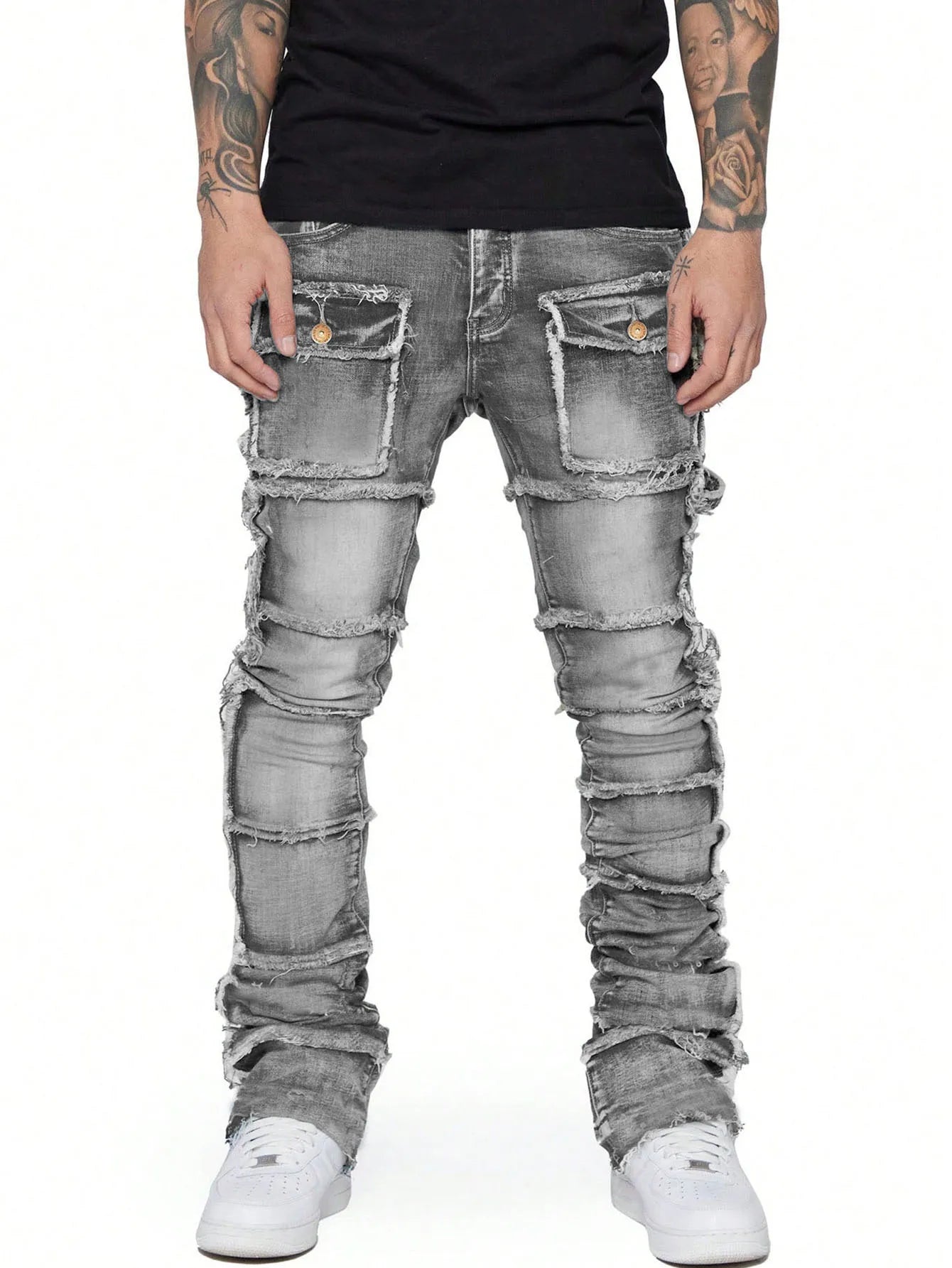 2025 Trendy Men Jeans European American Fashionable Workwear with Patch Elastic Laminated and Slightly Flared Men Denim Pants - La Tienda Bella