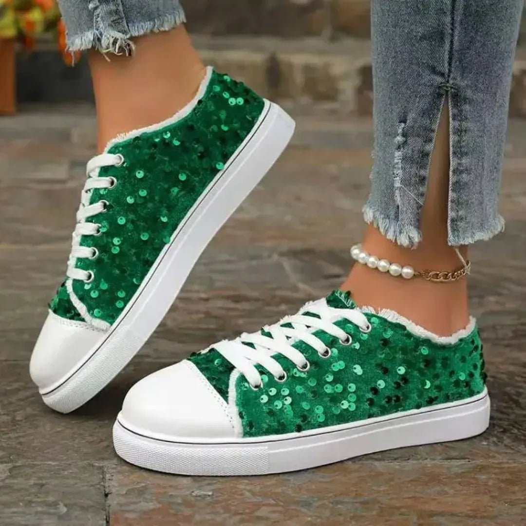 2025 Women's Single Shoes Spring Autumn New Fashion Sneakers Round Head Flat Bottom Lace Up Sequins Casual Shoes - La Tienda Bella
