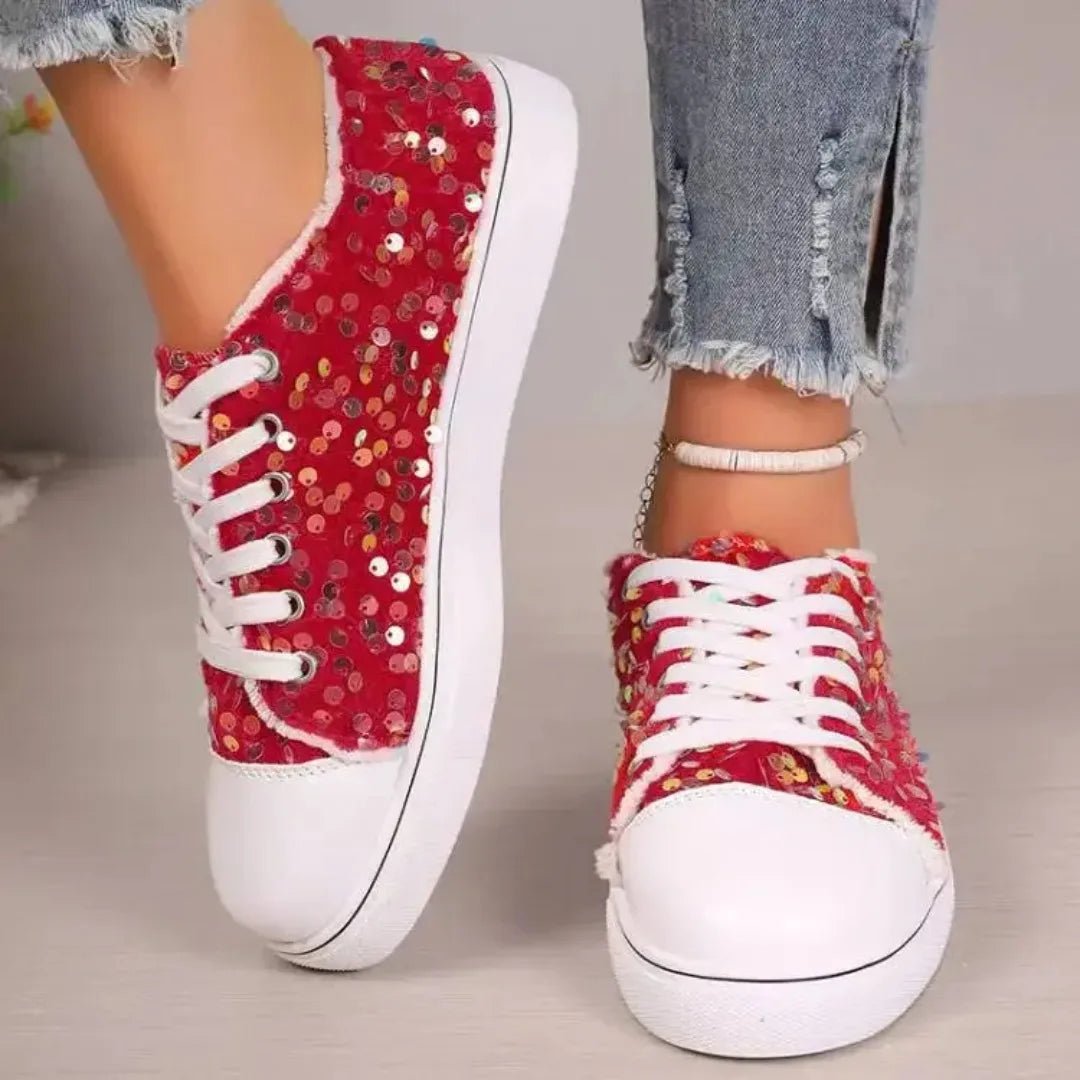 2025 Women's Single Shoes Spring Autumn New Fashion Sneakers Round Head Flat Bottom Lace Up Sequins Casual Shoes - La Tienda Bella