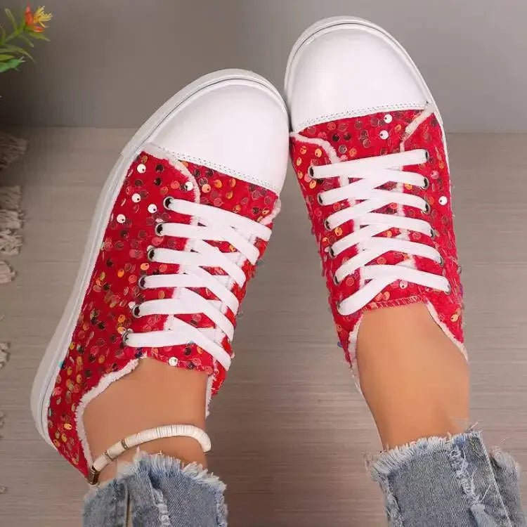 2025 Women's Single Shoes Spring Autumn New Fashion Sneakers Round Head Flat Bottom Lace Up Sequins Casual Shoes - La Tienda Bella