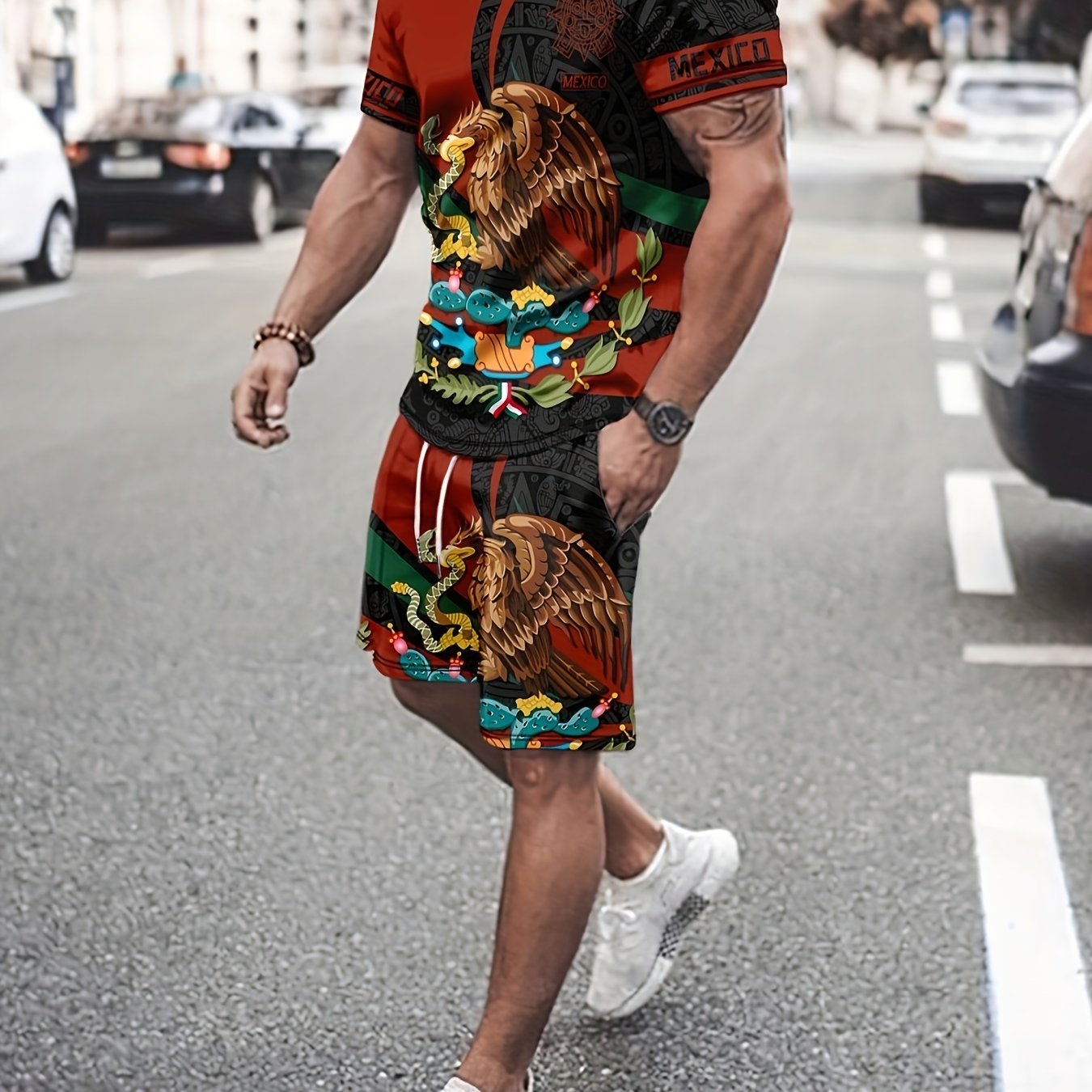 2Pc Mexico Eagle Summer Set for Men: Breathable Crew Neck Tee & Drawstring Shorts - Ideal for Vacations & Workouts, Durable Casual Wear - La Tienda Bella