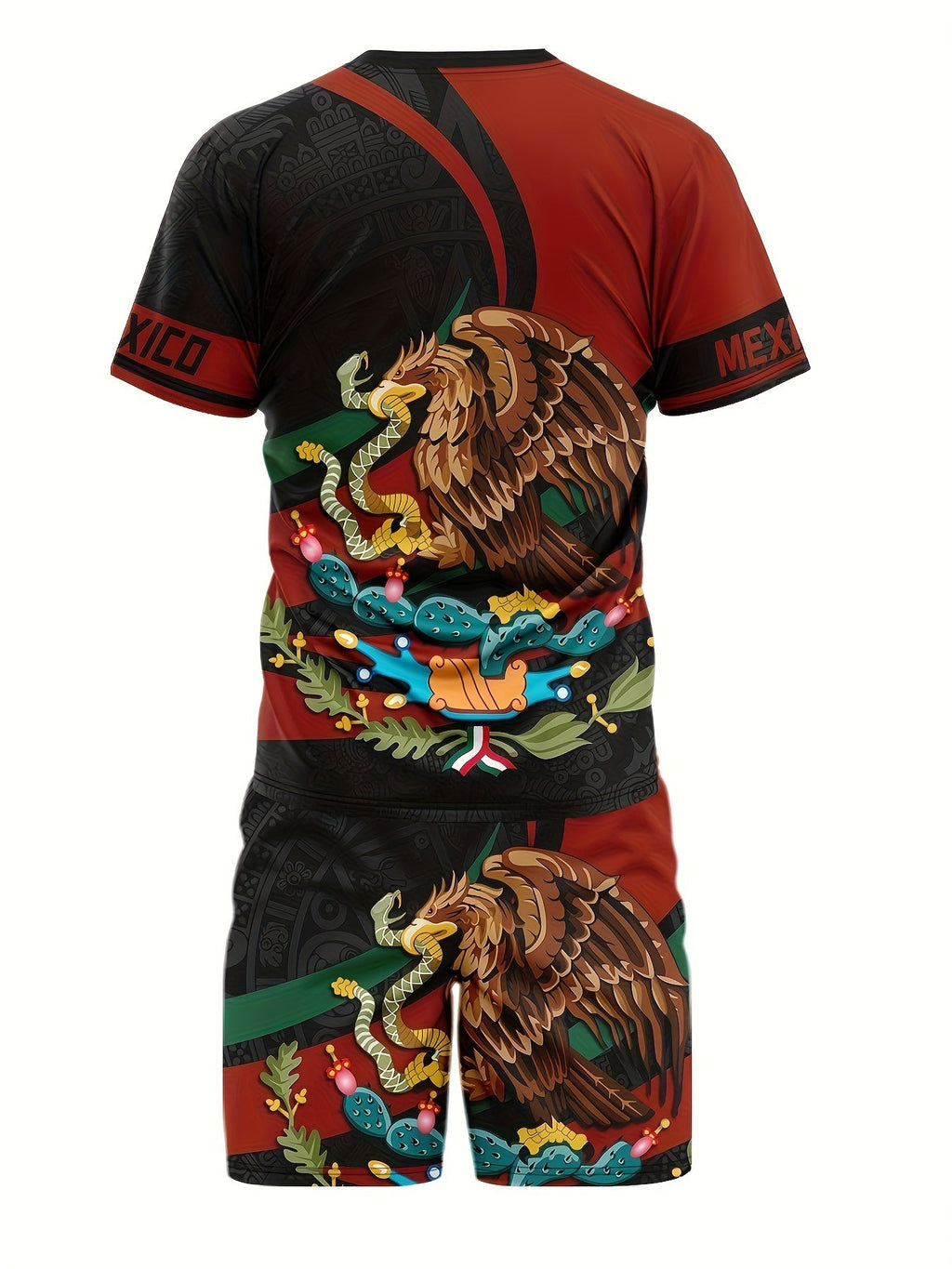2Pc Mexico Eagle Summer Set for Men: Breathable Crew Neck Tee & Drawstring Shorts - Ideal for Vacations & Workouts, Durable Casual Wear - La Tienda Bella