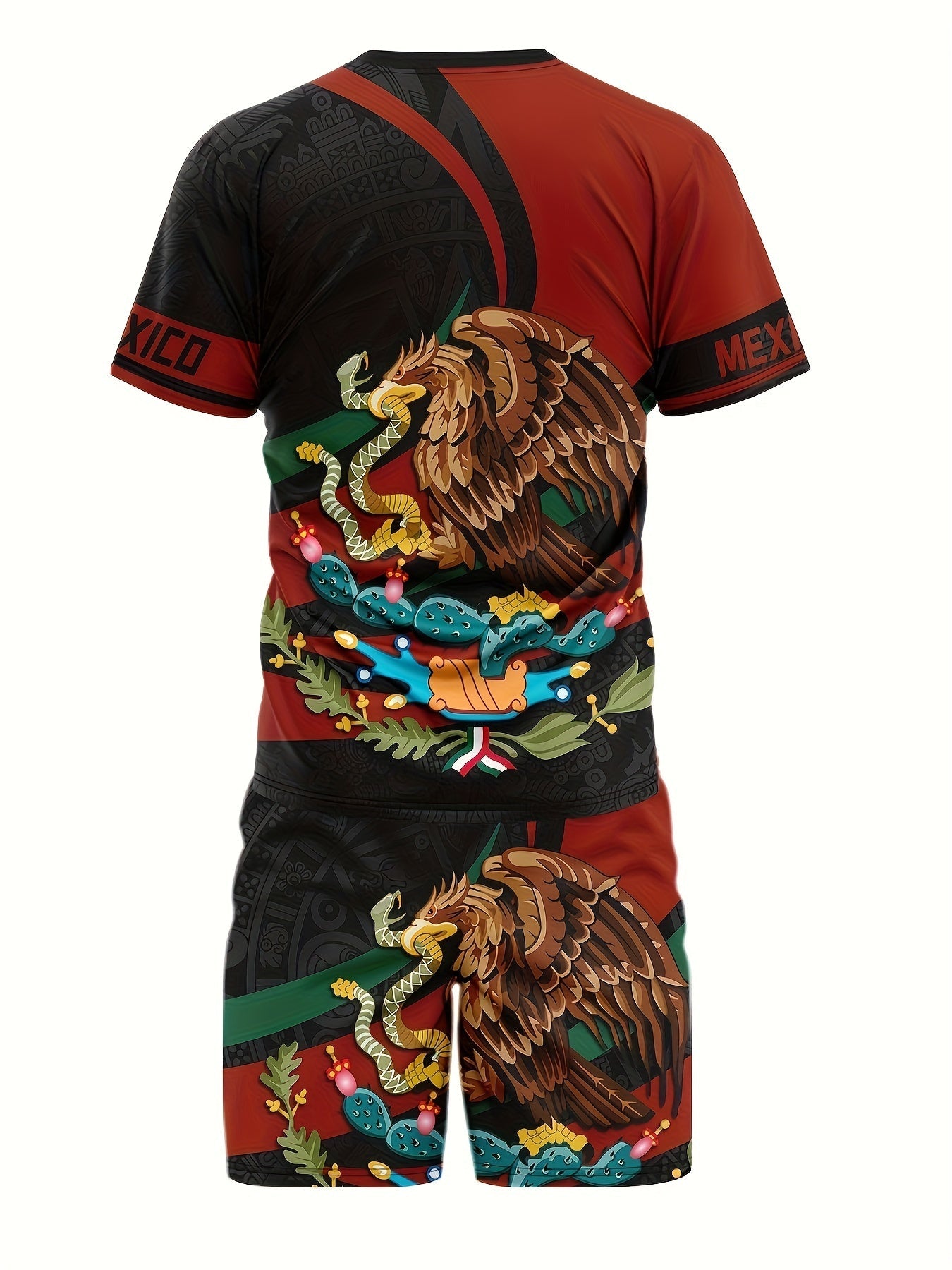 2Pc Mexico Eagle Summer Set for Men: Breathable Crew Neck Tee & Drawstring Shorts - Ideal for Vacations & Workouts, Durable Casual Wear - La Tienda Bella