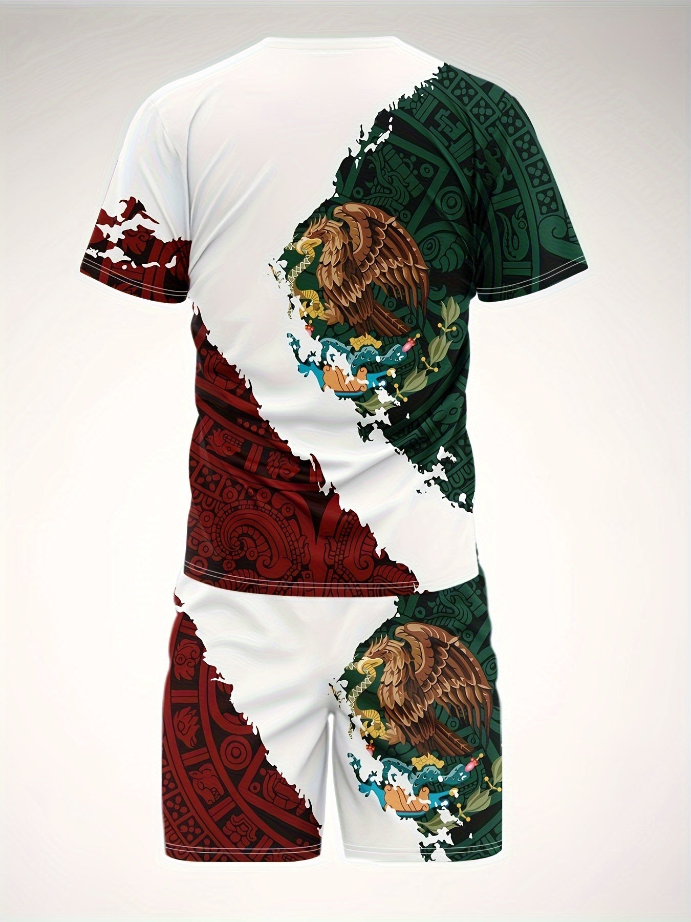 2Pc Mexico Eagle Summer Set for Men: Breathable Crew Neck Tee & Drawstring Shorts - Ideal for Vacations & Workouts, Durable Casual Wear - La Tienda Bella