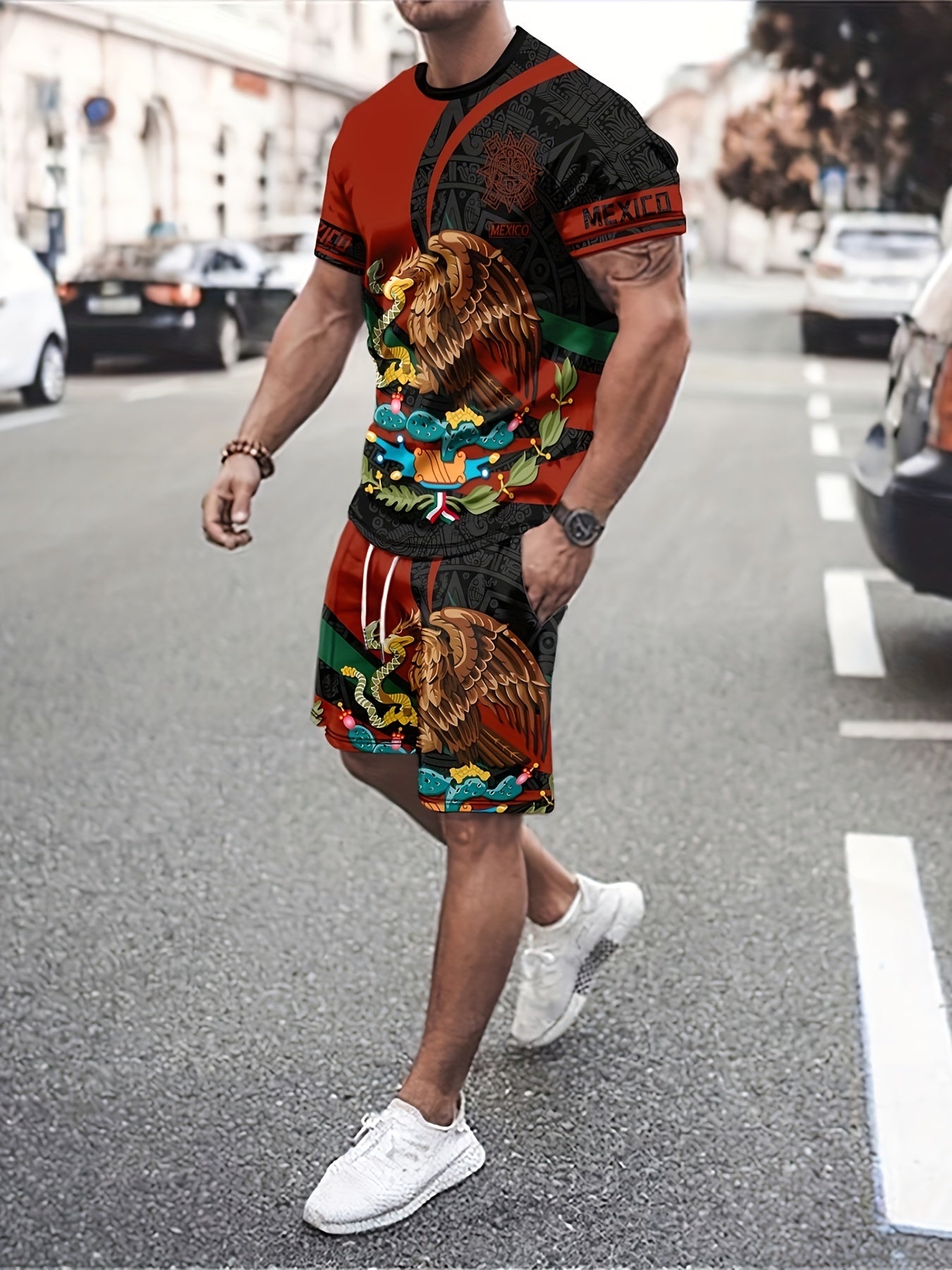 2Pc Mexico Eagle Summer Set for Men: Breathable Crew Neck Tee & Drawstring Shorts - Ideal for Vacations & Workouts, Durable Casual Wear - La Tienda Bella