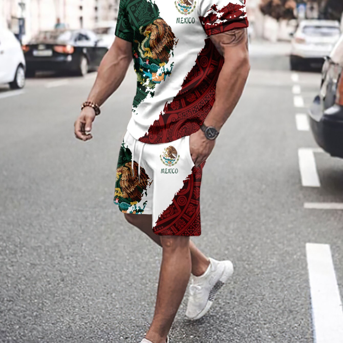 2Pc Mexico Eagle Summer Set for Men: Breathable Crew Neck Tee & Drawstring Shorts - Ideal for Vacations & Workouts, Durable Casual Wear - La Tienda Bella