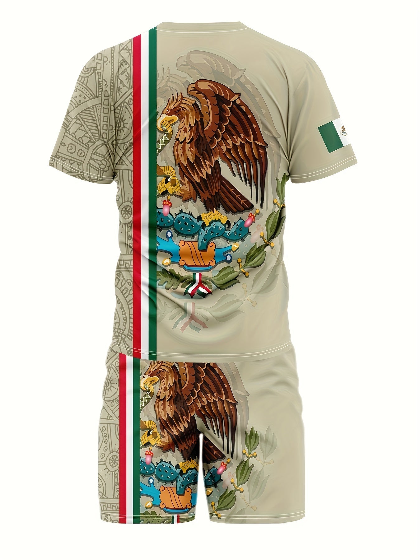 2Pc Mexico Eagle Summer Set for Men: Breathable Crew Neck Tee & Drawstring Shorts - Ideal for Vacations & Workouts, Durable Casual Wear - La Tienda Bella