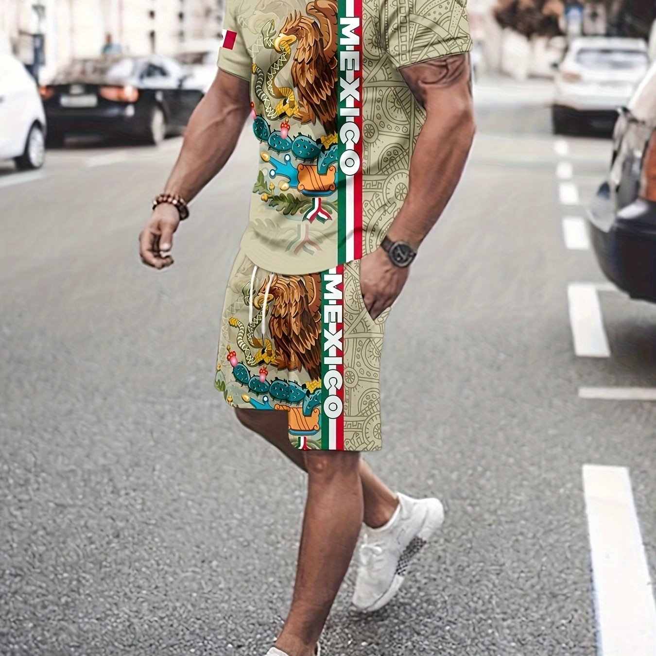 2Pc Mexico Eagle Summer Set for Men: Breathable Crew Neck Tee & Drawstring Shorts - Ideal for Vacations & Workouts, Durable Casual Wear - La Tienda Bella