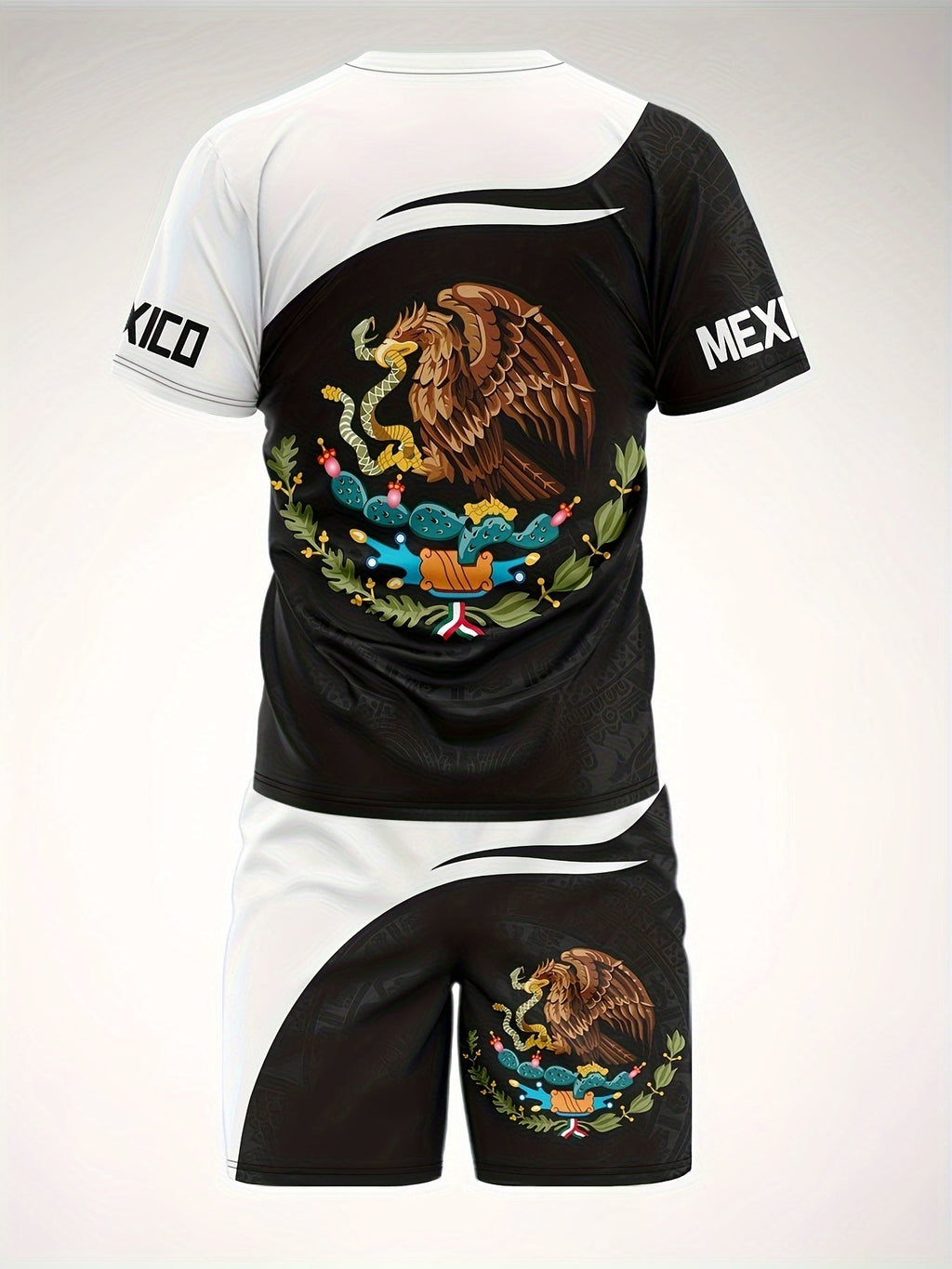 2Pc Mexico Eagle Summer Set for Men: Breathable Crew Neck Tee & Drawstring Shorts - Ideal for Vacations & Workouts, Durable Casual Wear - La Tienda Bella