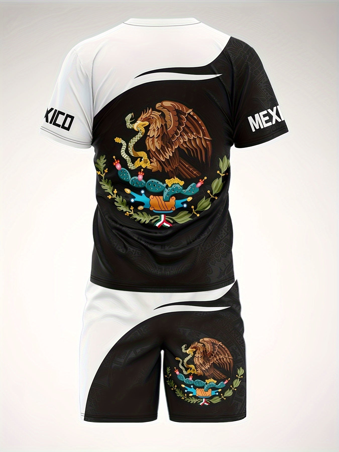 2Pc Mexico Eagle Summer Set for Men: Breathable Crew Neck Tee & Drawstring Shorts - Ideal for Vacations & Workouts, Durable Casual Wear - La Tienda Bella