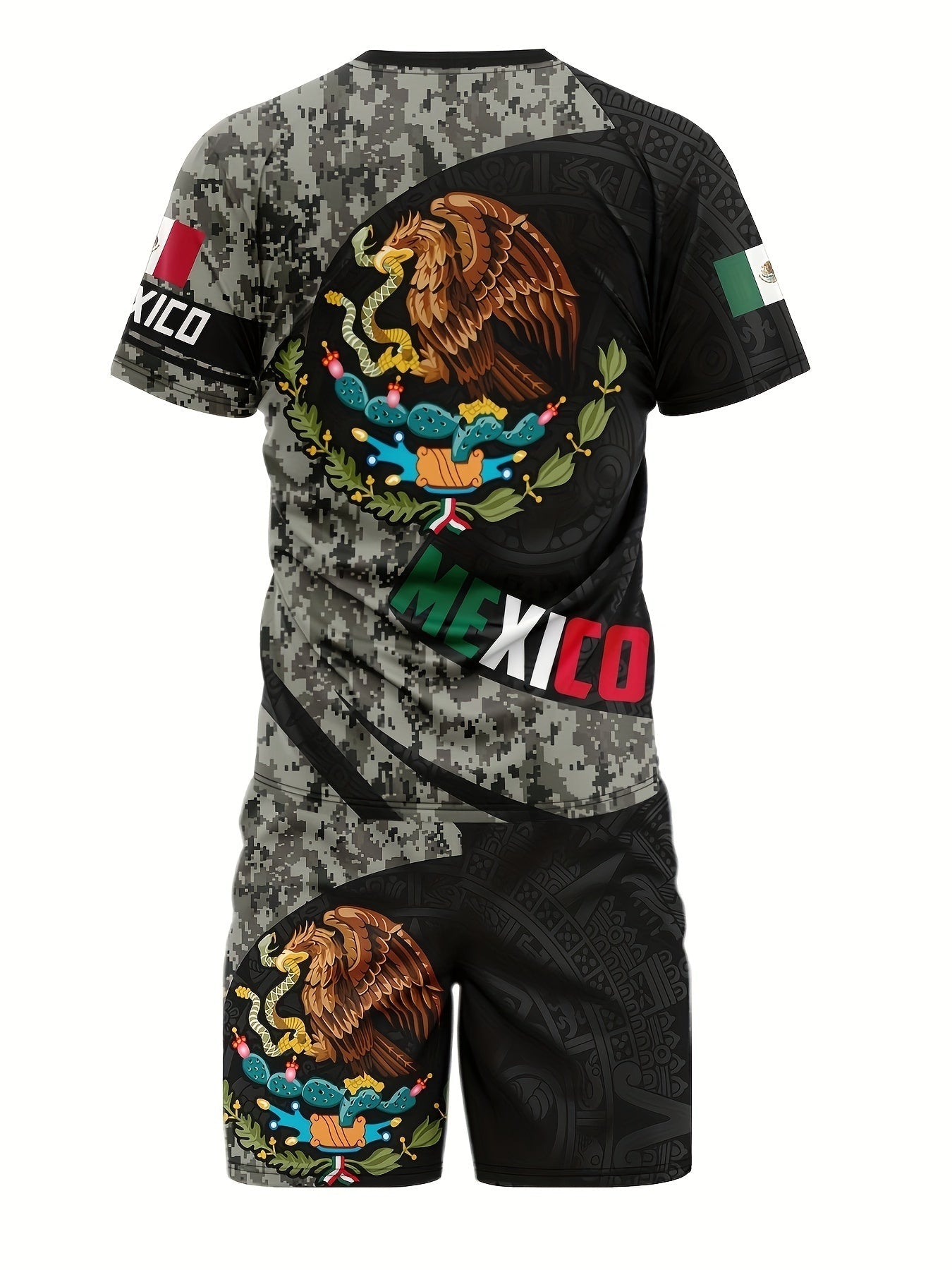 2Pc Mexico Eagle Summer Set for Men: Breathable Crew Neck Tee & Drawstring Shorts - Ideal for Vacations & Workouts, Durable Casual Wear - La Tienda Bella