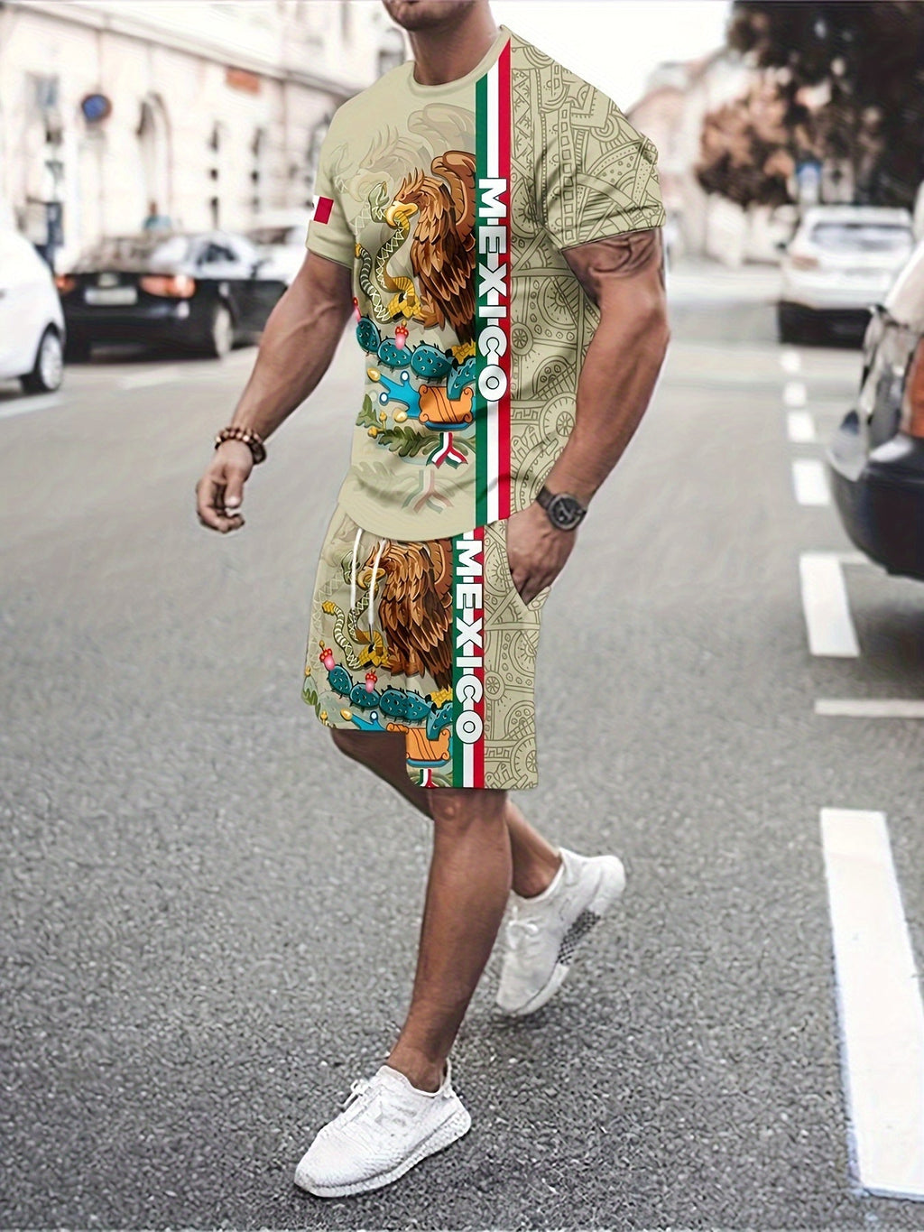 2Pc Mexico Eagle Summer Set for Men: Breathable Crew Neck Tee & Drawstring Shorts - Ideal for Vacations & Workouts, Durable Casual Wear - La Tienda Bella