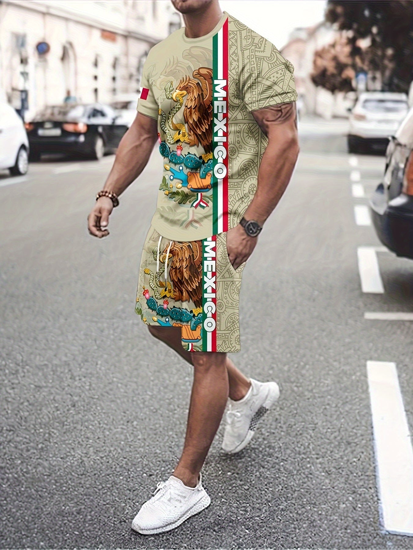 2Pc Mexico Eagle Summer Set for Men: Breathable Crew Neck Tee & Drawstring Shorts - Ideal for Vacations & Workouts, Durable Casual Wear - La Tienda Bella