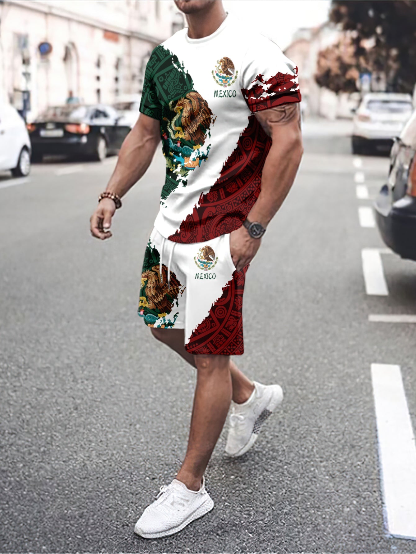 2Pc Mexico Eagle Summer Set for Men: Breathable Crew Neck Tee & Drawstring Shorts - Ideal for Vacations & Workouts, Durable Casual Wear - La Tienda Bella