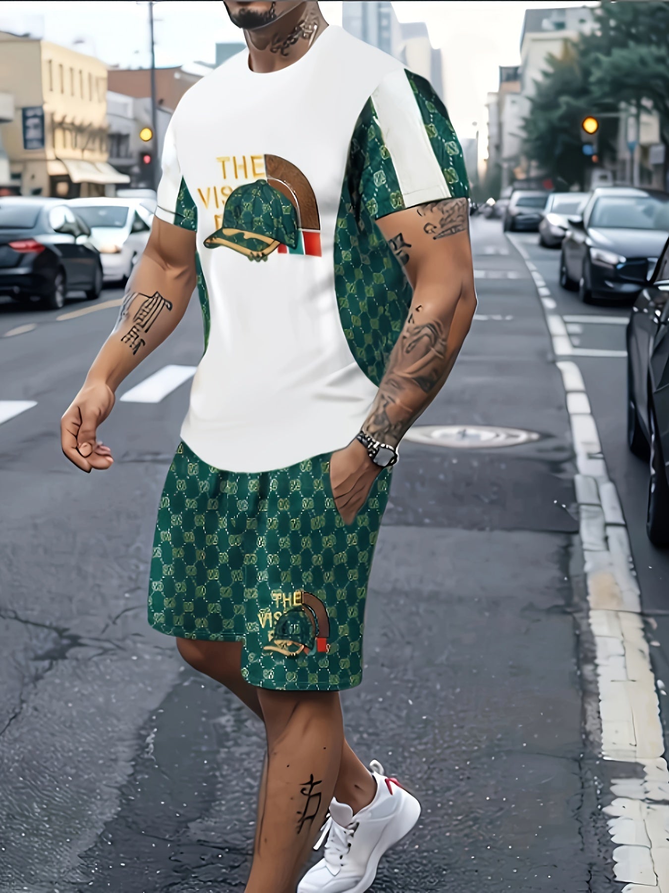 2Pcs Creative Pattern Cap Print Outfits For Men, Short Sleeve T-shirt & Shorts co ord set For Outdoor Sports - La Tienda Bella