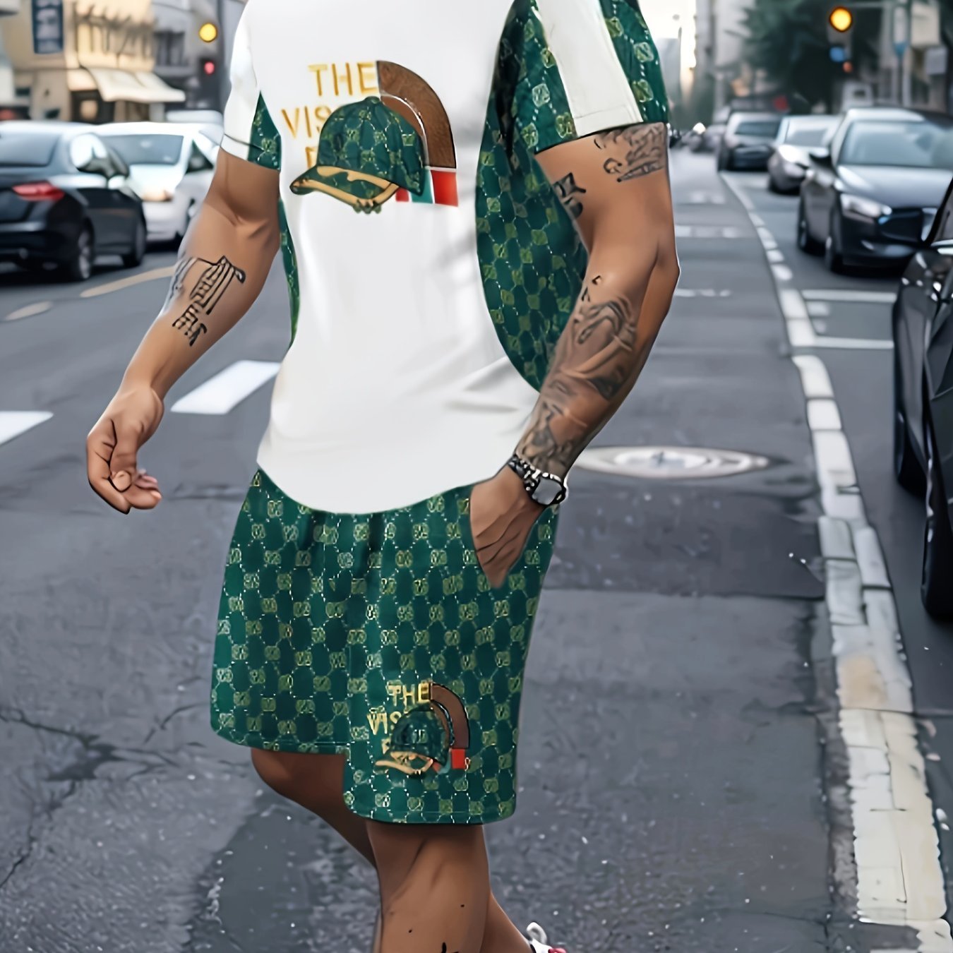2Pcs Creative Pattern Cap Print Outfits For Men, Short Sleeve T-shirt & Shorts co ord set For Outdoor Sports - La Tienda Bella