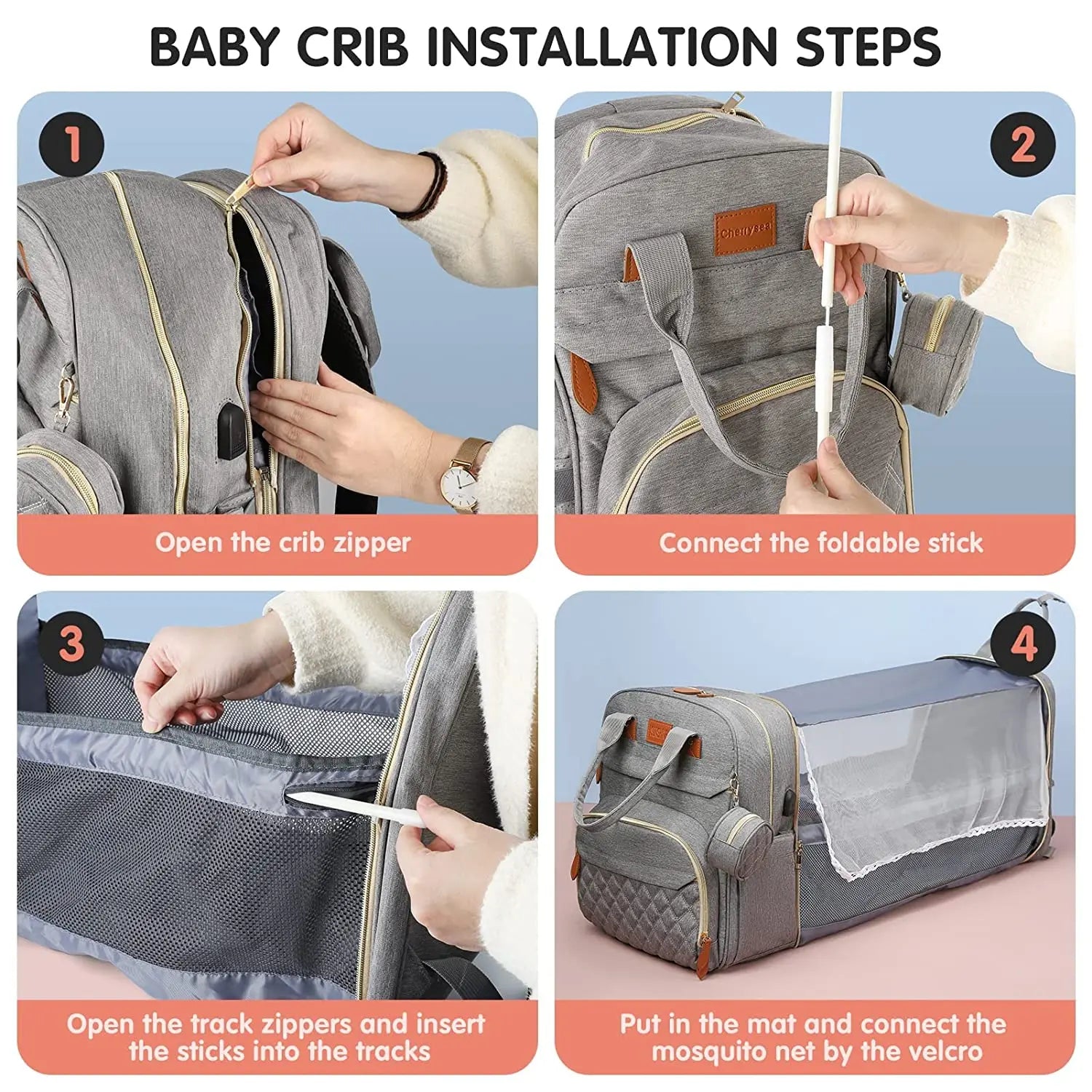 3 In 1 Diaper Bag Backpack Foldable Baby Bed Waterproof Travel Bag with USB Charge Diaper Bag Backpack - La Tienda Bella