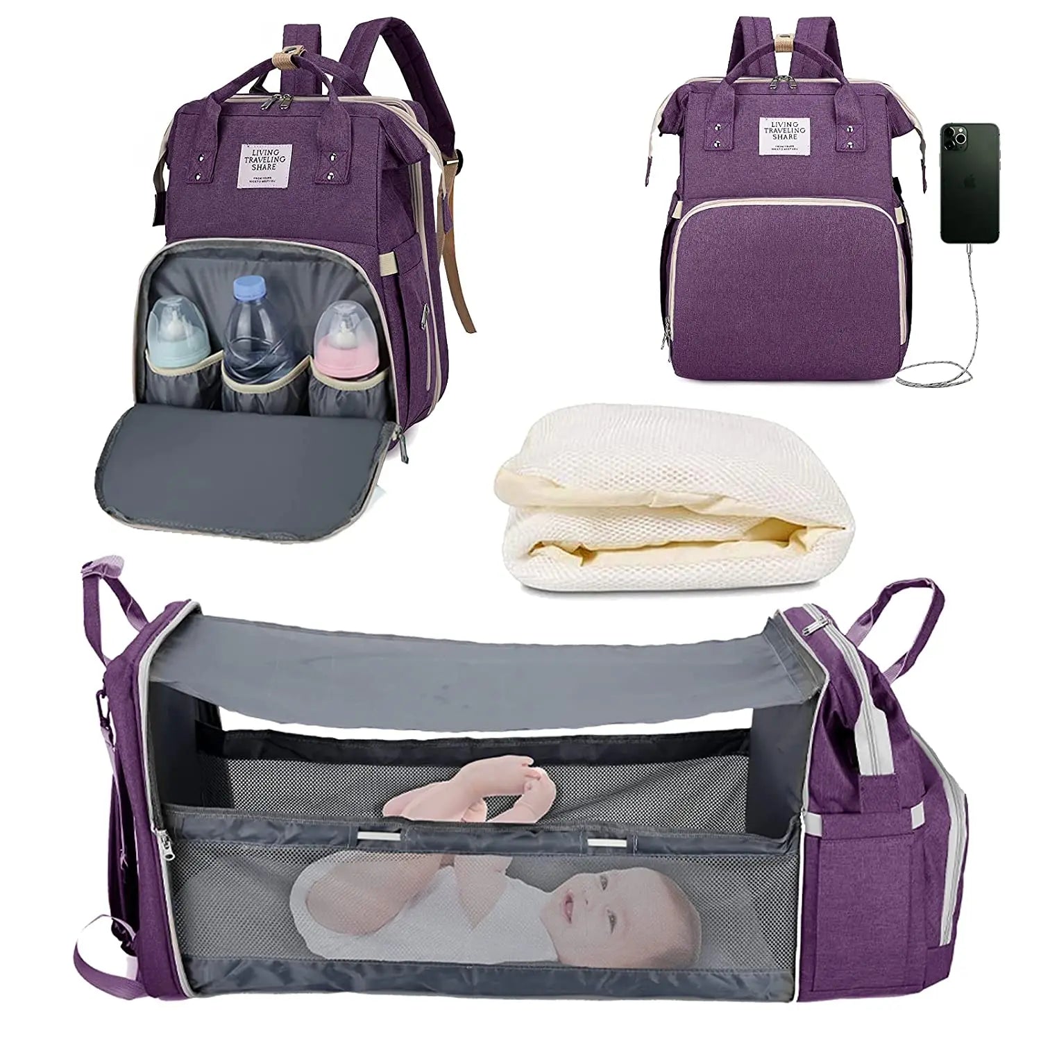 3 In 1 Diaper Bag Backpack Foldable Baby Bed Waterproof Travel Bag with USB Charge Diaper Bag Backpack - La Tienda Bella