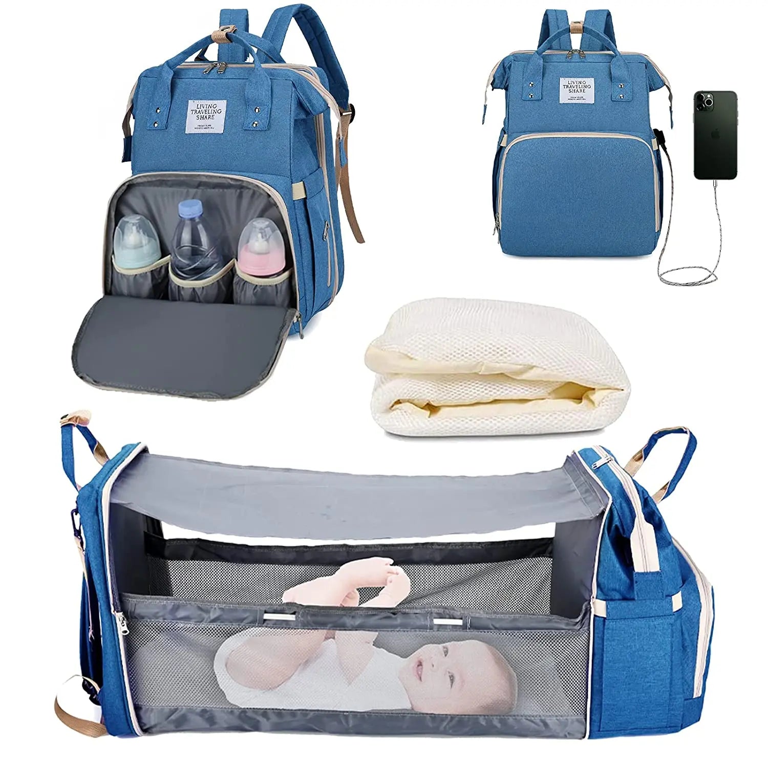3 In 1 Diaper Bag Backpack Foldable Baby Bed Waterproof Travel Bag with USB Charge Diaper Bag Backpack - La Tienda Bella