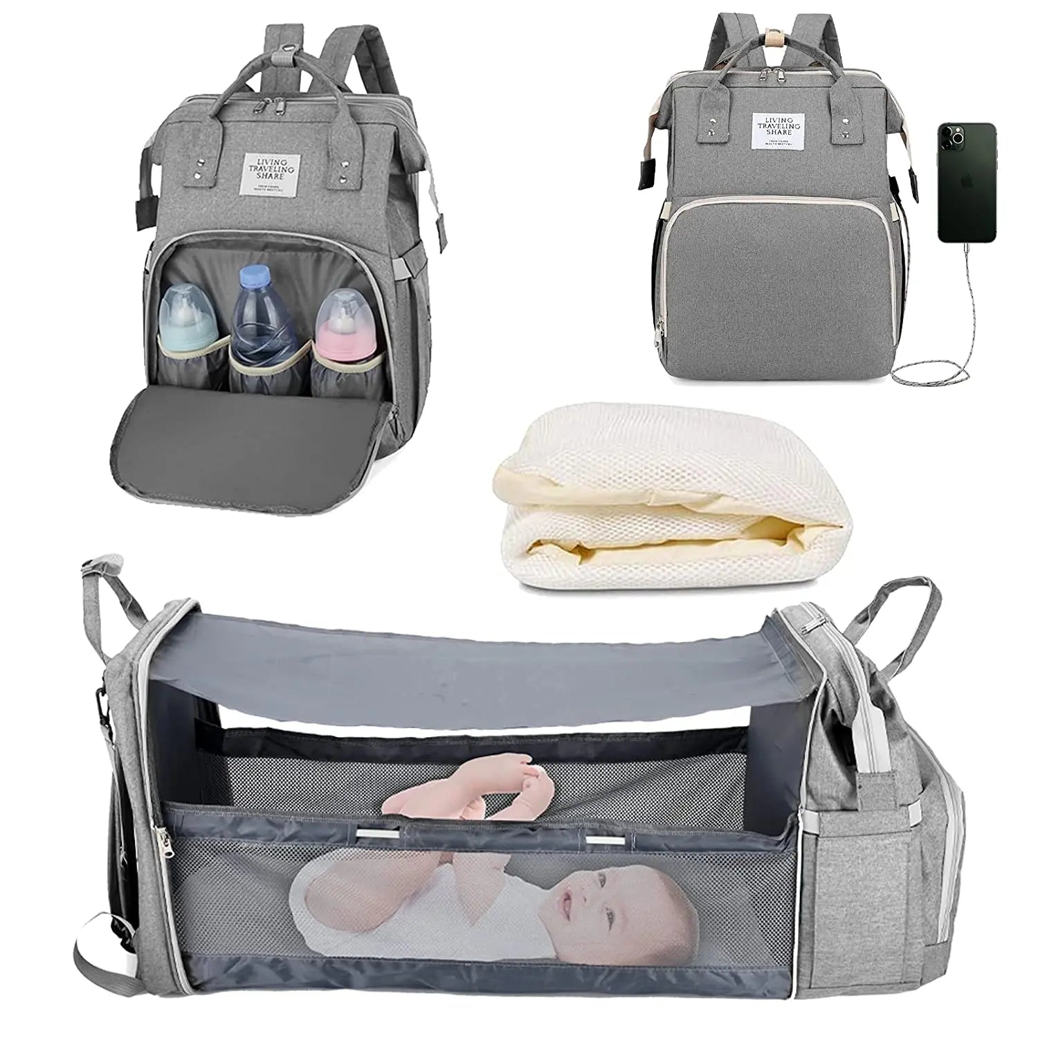 3 In 1 Diaper Bag Backpack Foldable Baby Bed Waterproof Travel Bag with USB Charge Diaper Bag Backpack - La Tienda Bella